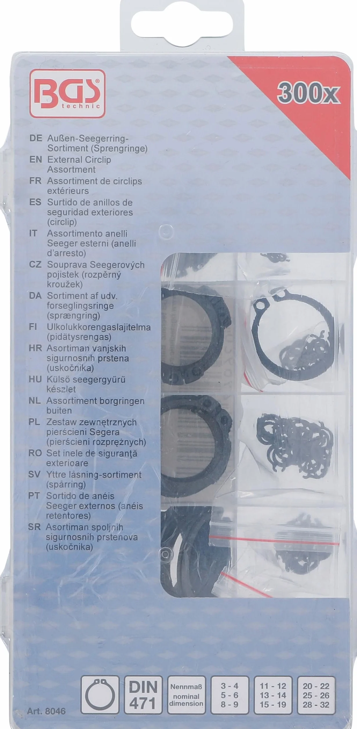 BGS 8046 | Zestaw zewnętrznych pierścieni Segera (pierścieni rozprężnych) | Ø 3 - 32 mm | 300 szt.