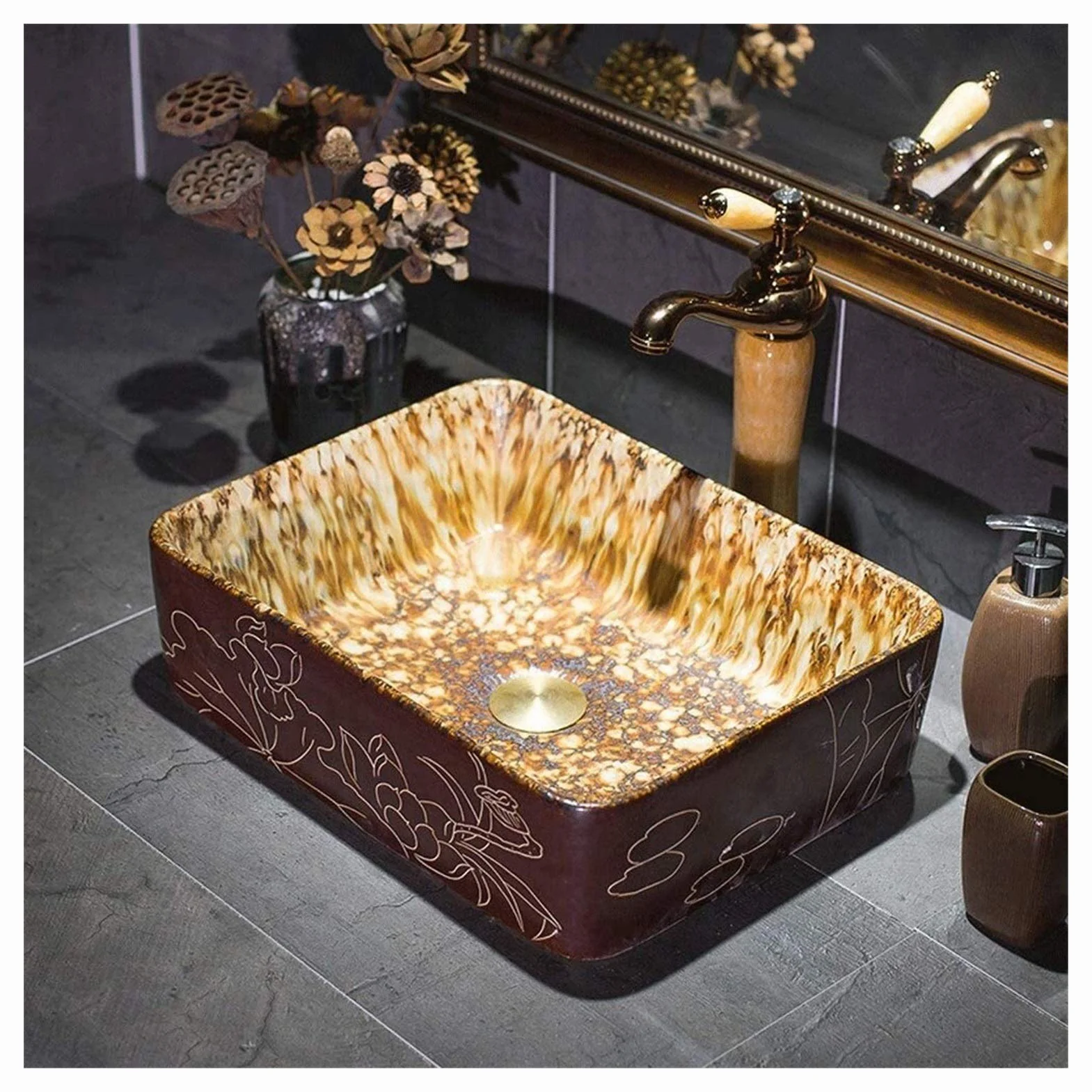 Szafka Pod Umywalkę Z Umywalką, Umywalka Łazienkowa, Umywalka Nablatowa, Prostokątna Porcelanowa Umywalka Ceramiczna W Stylu Vintage, Umywalki Łazienkowe Nablatowe, Brązowa Umywalka Łazienkowa, Umywa