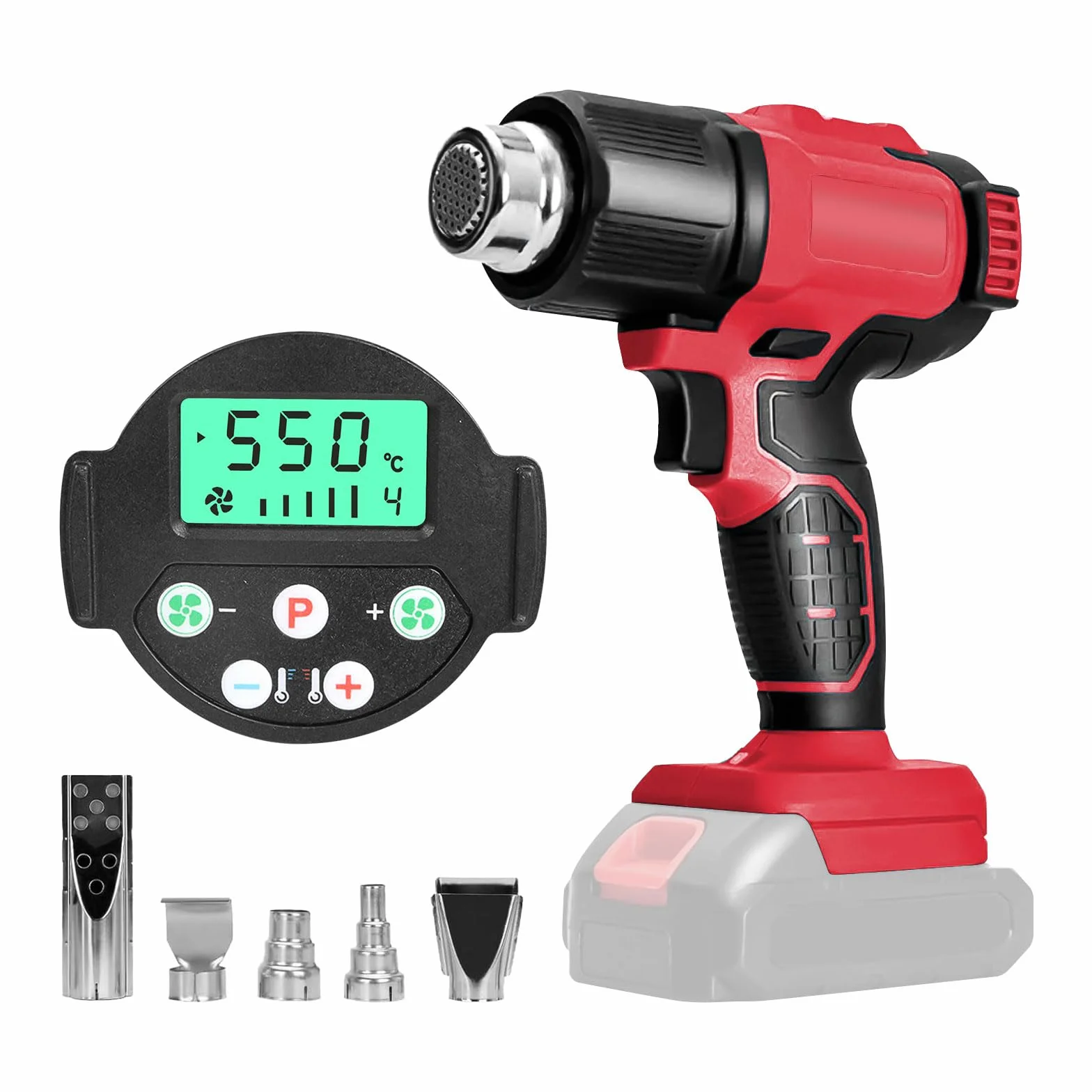 Bezprzewodowa opalarka do baterii Milwaukee 18 V, bezprzewodowa opalarka z wyświetlaczem LCD i 5 dyszami, regulacja temperatury 50°C-550°C, do kurczenia się PCW, bez baterii