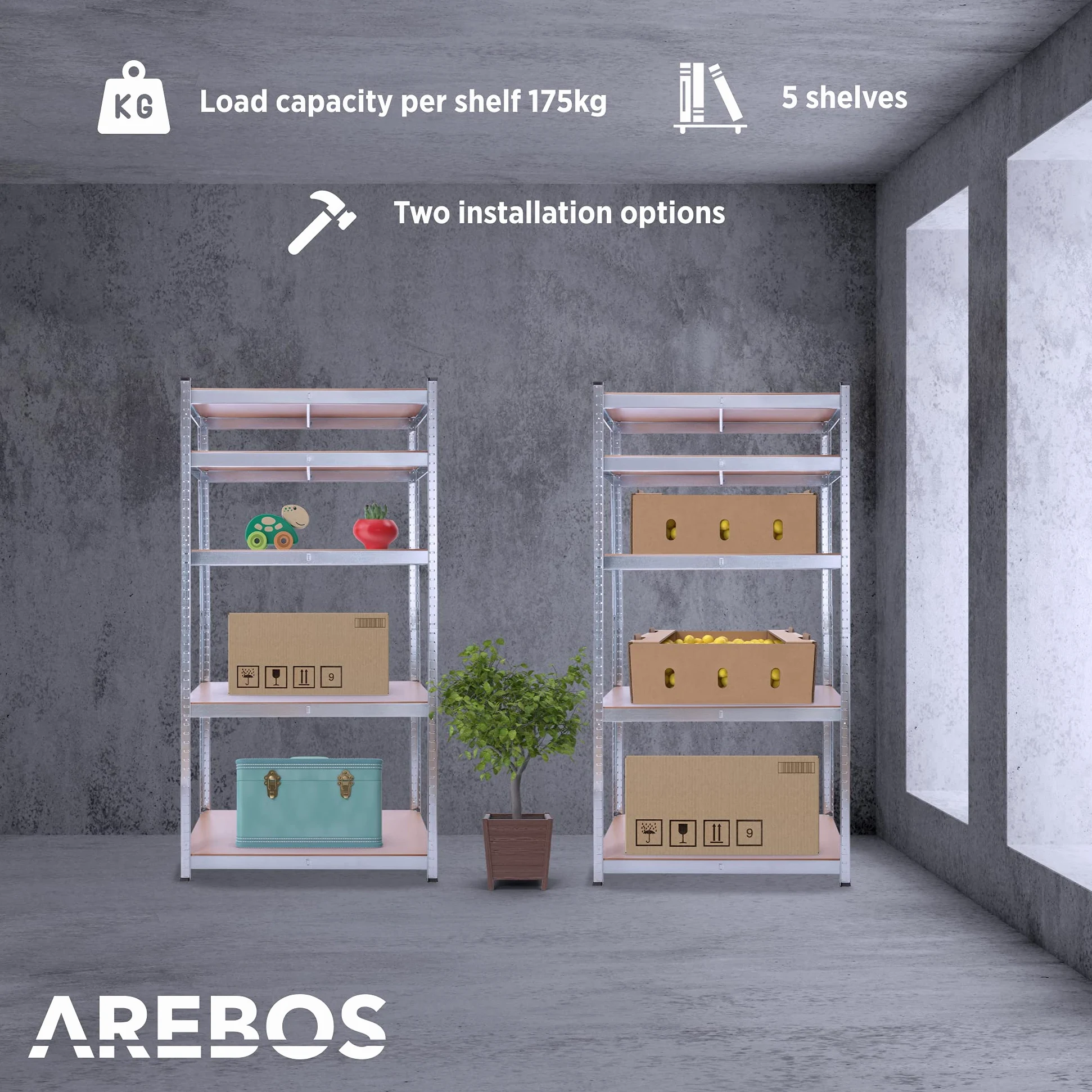 Arebos 2x Regał do dużych obciążeń | Regał piwniczny | Regał magazynowy | Regał bezśrubowy | 180x75x45cm | 5 paneli MDF | Zestaw 2 | 875kg
