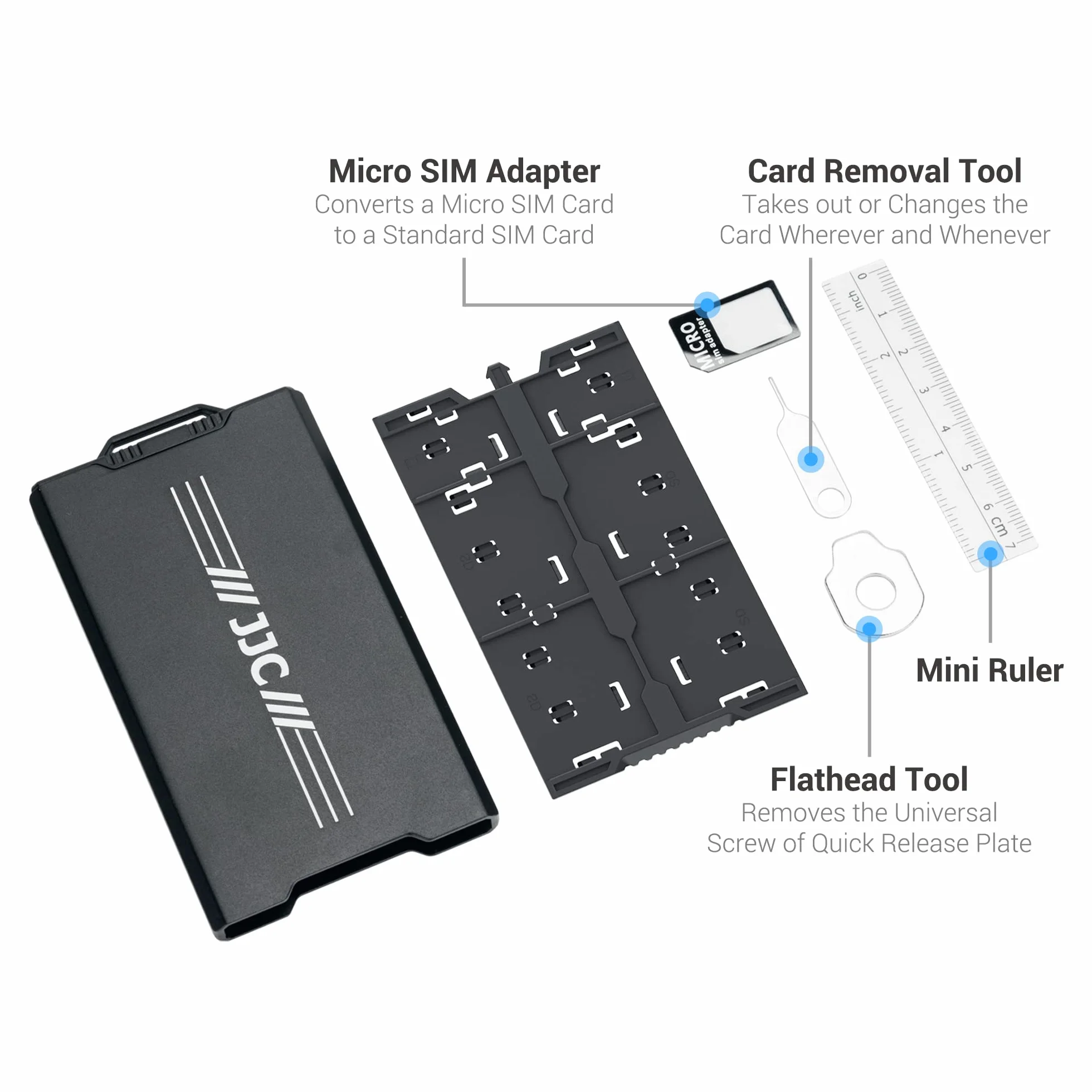 JJC Wyskakujące metalowe etui na karty pamięci Ultra Silm do 12 Micro SD TF MSD + 4 SD + 2 karty Nano SIM - z karabińczykiem narzędzie do usuwania karty micro SIM i mini linijka - czarne