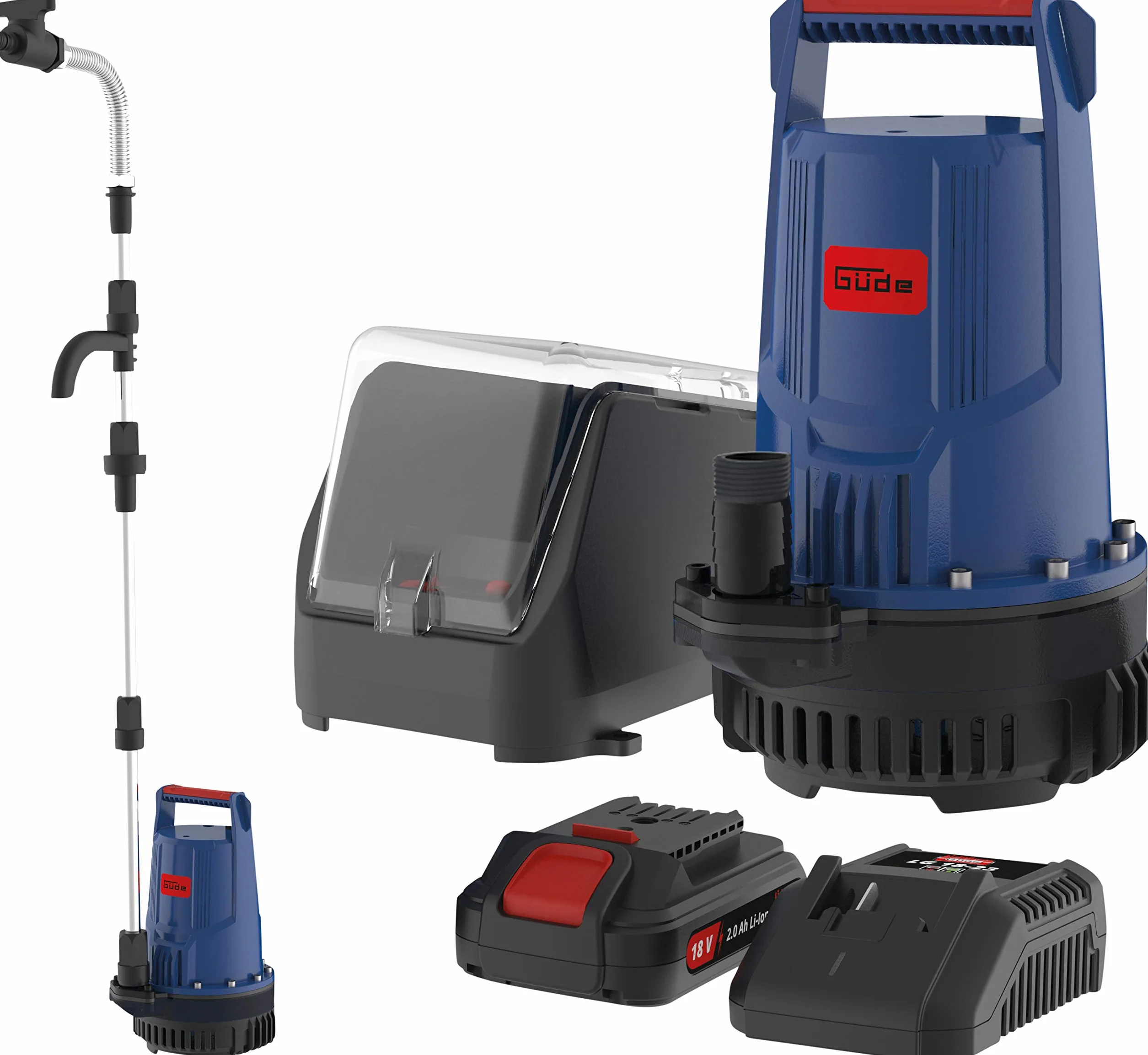 Güde Akumulatorowa pompa do beczki deszczowej RFP 18-201-23 (18 V, 2000 l/h, maks. wysokość tłoczenia 7 m, długość kabla 3 m, maks. głębokość zanurzenia 2,5 m, akumulator 2,0 Ah, szybka ładowarka