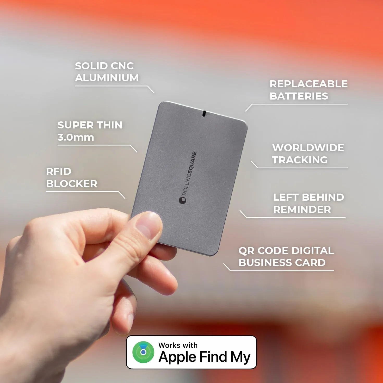 Rolling Square AirCard E, kompatybilny z funkcją Znajdź moją sieć, ładowalny lokalizator kart Bluetooth z kodem QR wizytówki - super cienki 0,12 cala