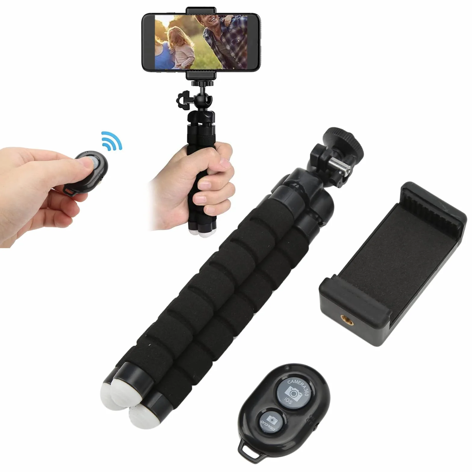 Elastyczny Statyw z Gąbki, Aluminiowy Statyw do Telefonu Komórkowego Selfie Stick, 30 Stóp Bezprzewodowy Pilot Zdalnego Sterowania Uchwyt na Telefon do Telefonu Komórkowego 6-9 Cm / 2,4-3,5 Cala