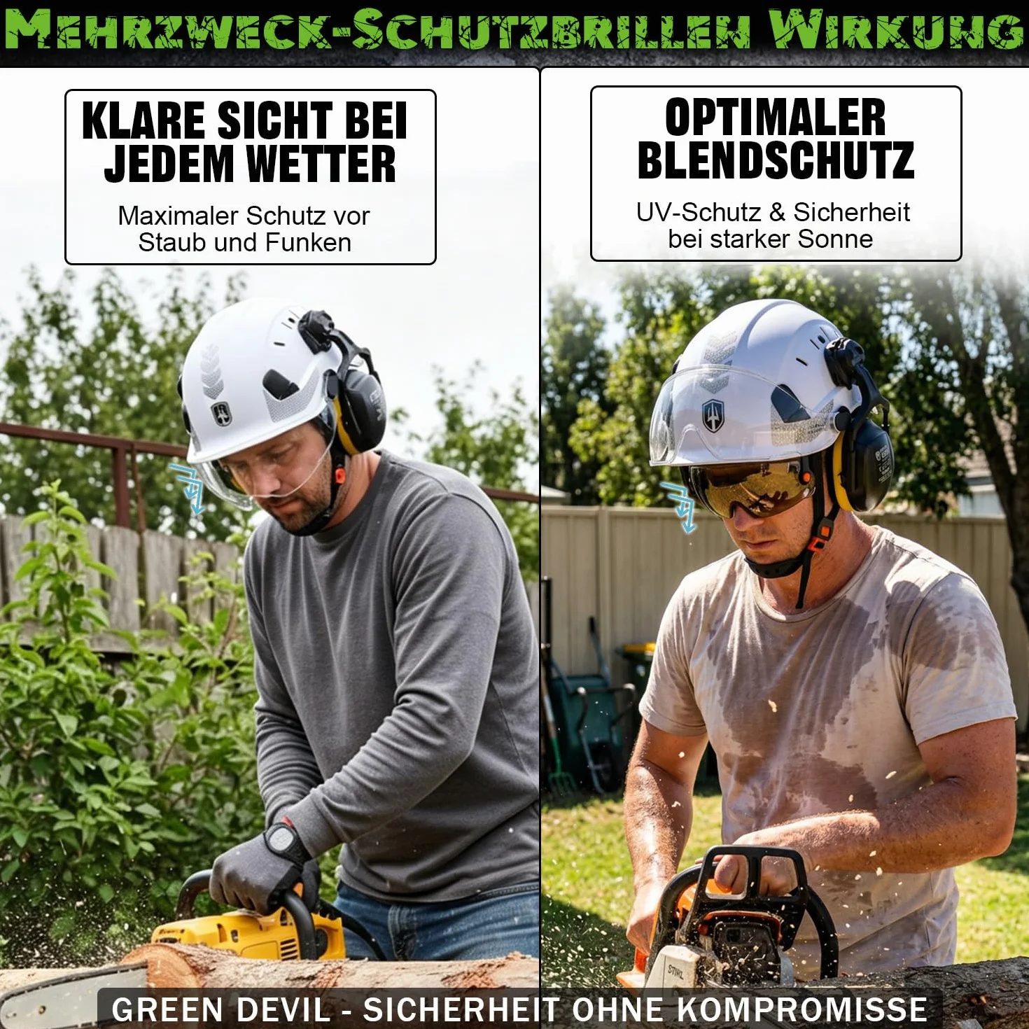 GREEN DEVIL Mervex kask ochronny – kask leśny z podwójnymi okularami ochronnymi EN166 i tłumikiem EN352 SNR32dB, certyfikat EN397, materiał ABS, unisex, do prac ogrodowych, wyrębów drewna i na placu