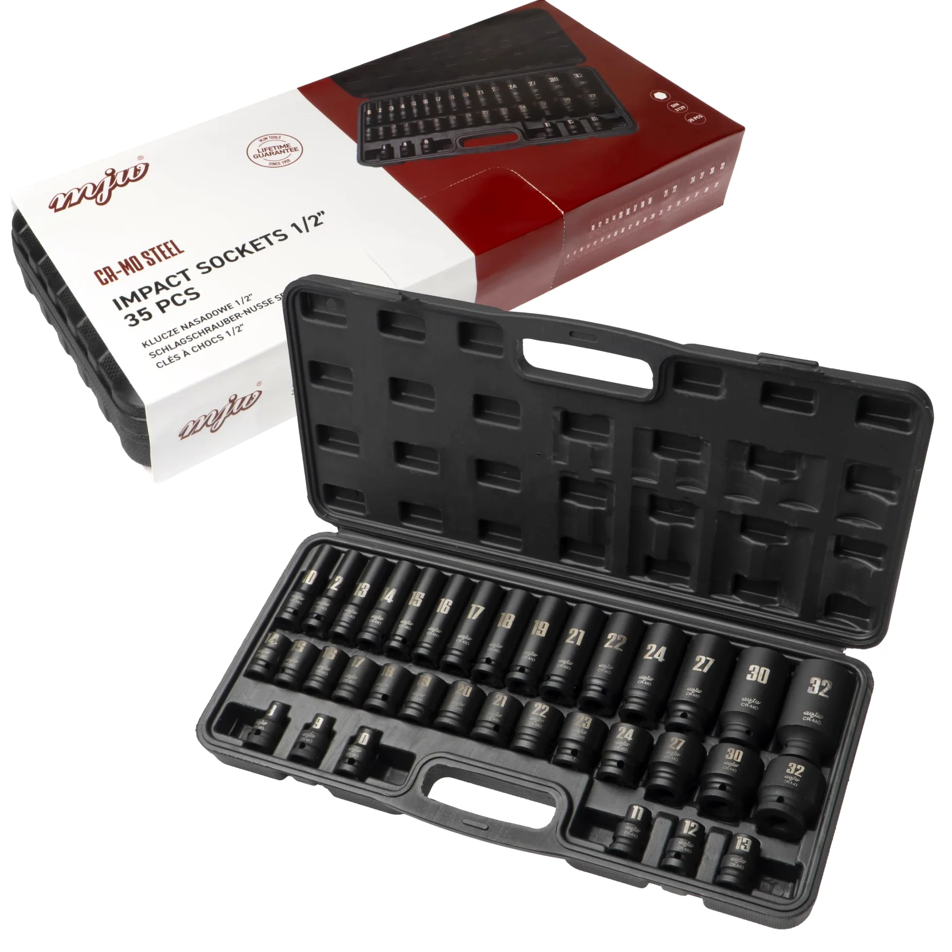 MJW Nasadki udarowe CrMo 1/2" 35 el. (8–32 mm krótkie, 10–32 mm długie) – zestaw nasadek udarowych do kluczy udarowych i narzędzi ręcznych – do garażu i profesjonalnego warsztatu