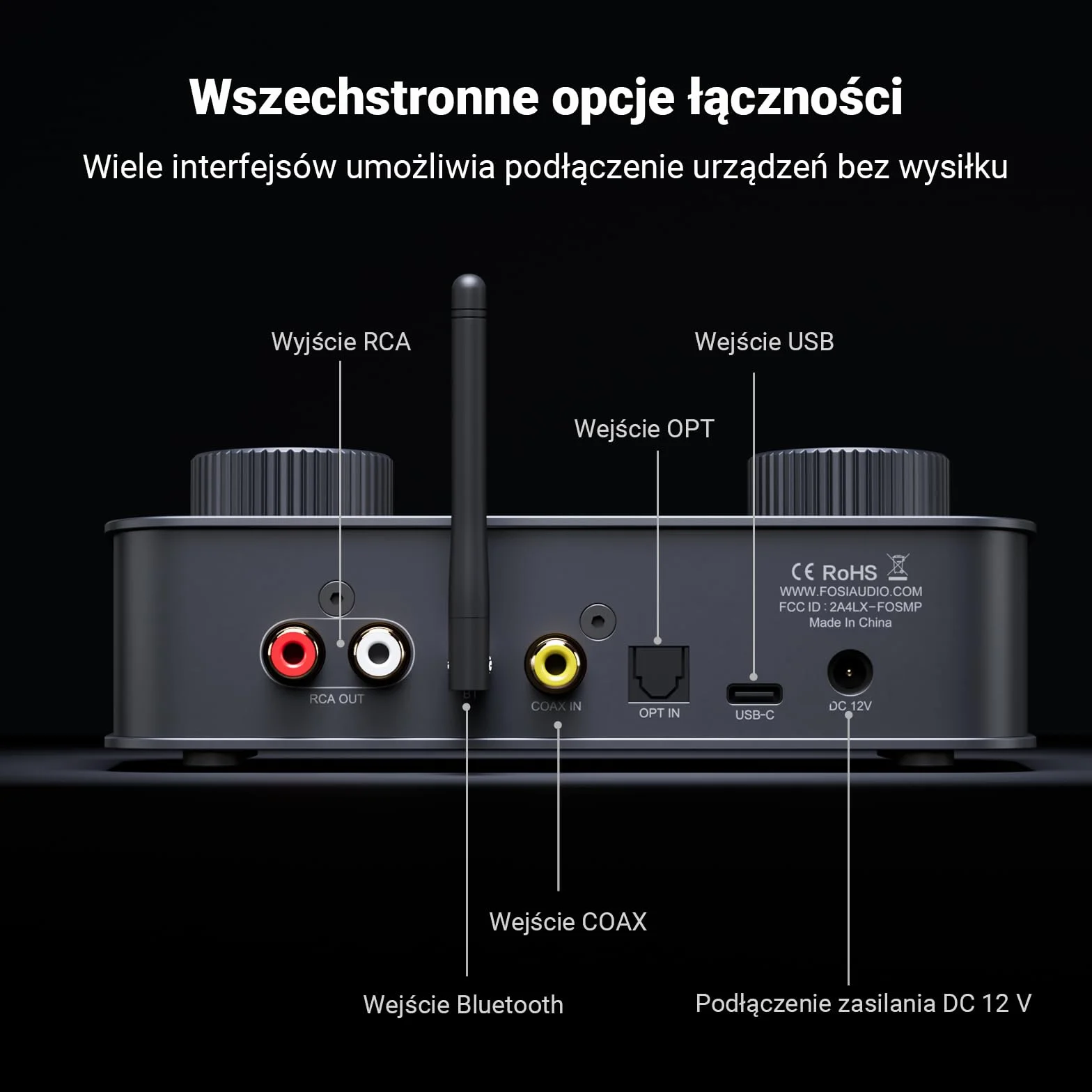 Fosi Audio K7 DAC Wzmacniacz słuchawkowy, konwerter audio USB C cyfrowo-analogowy, OPT/COA/Bluetooth aptX HD LL, wejście mikrofonowe, wyjście RCA