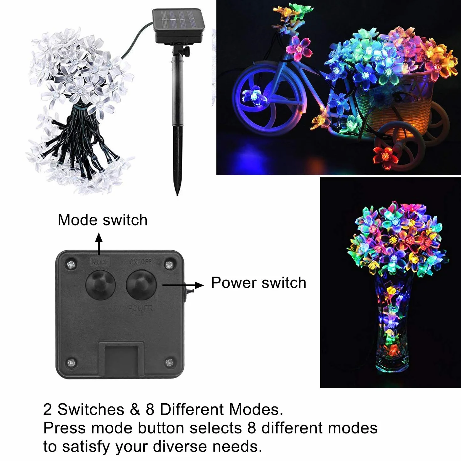 Solarny łańcuch świetlny na zewnątrz do ogrodu, 6,5 m, 50 diod LED, kwiaty, wodoodporny, zasilany energią słoneczną, łańcuch świateł, dekoracja, festiwal, kolorowe światło, na imprezę, ślub, patio, Boże Narodzenie, dekoracja, wielokolorowa