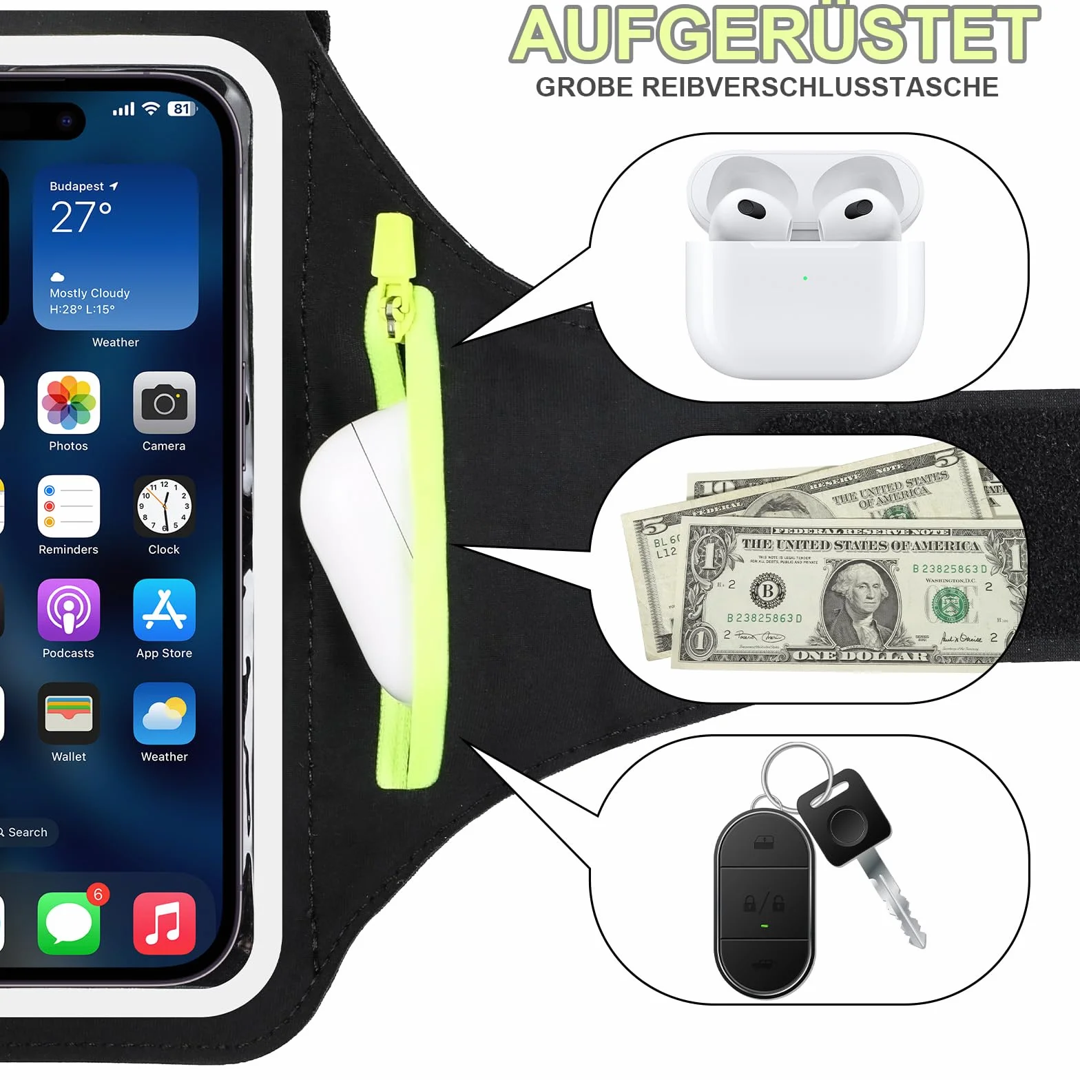 Wodoodporna opaska sportowa z kieszonką na telefon, kompatybilna z iPhone 16/15/14/13 Pro, Galaxy S25/S24, Huawei, Xiaomi, Google Pixel (do 6,8")