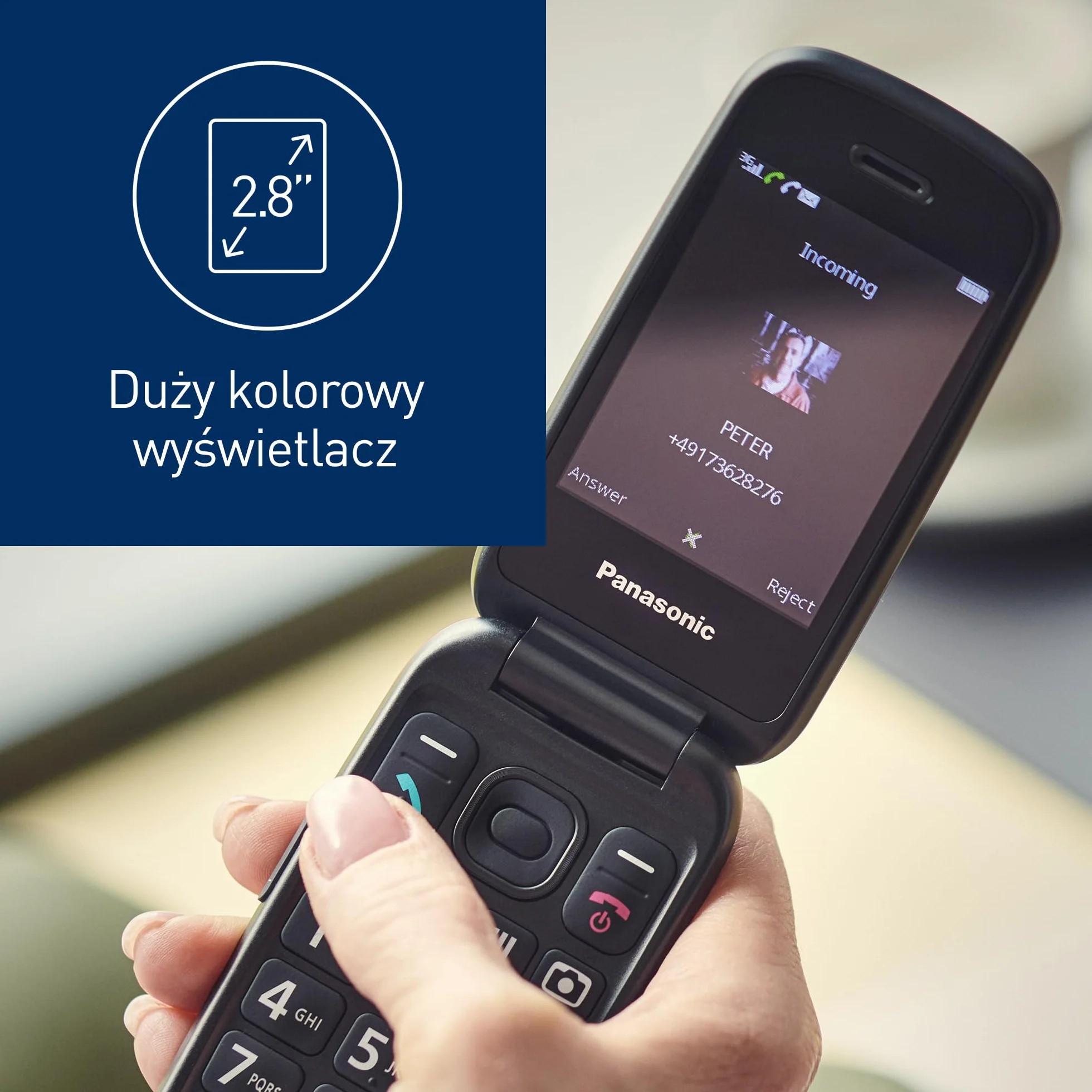 Panasonic KX-TU550 telefon dla seniora z klapką (duży ekran 2,8", aparat 1,2 MP, Clear Voice VoLTE, połączenia priorytetowe, tryb głośnomówiący), czarny