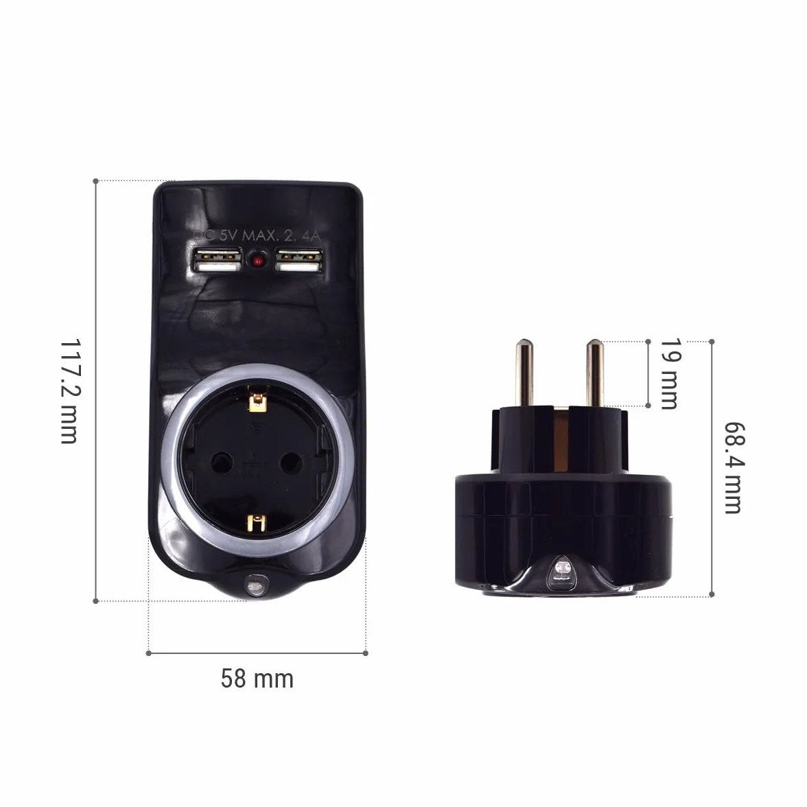 Podwójna wtyczka do gniazdka z USB, gniazdo wtykowe z 1 zestykiem ochronnym 16 A i 2 wtyczkami sieciowymi USB, adapter do laptopa/smartfona, multiplug do domu i biura, wskaźnik LED, czujnik dnia i