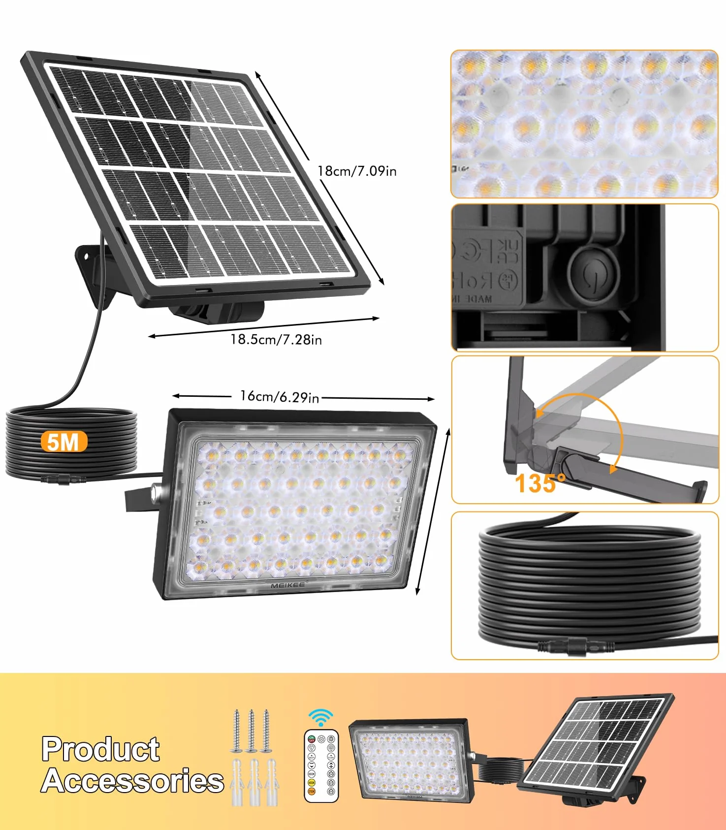 MEIKEE solarna lampa zewnetrzna 2700K 4000K 6500K 3 tryby jasności 2 tryby dynamiczne Lampy solarne z timerem IP66 Wodoodporna reflektory słoneczne ogrodowe do ogrodu, garażu, patio, tarasu