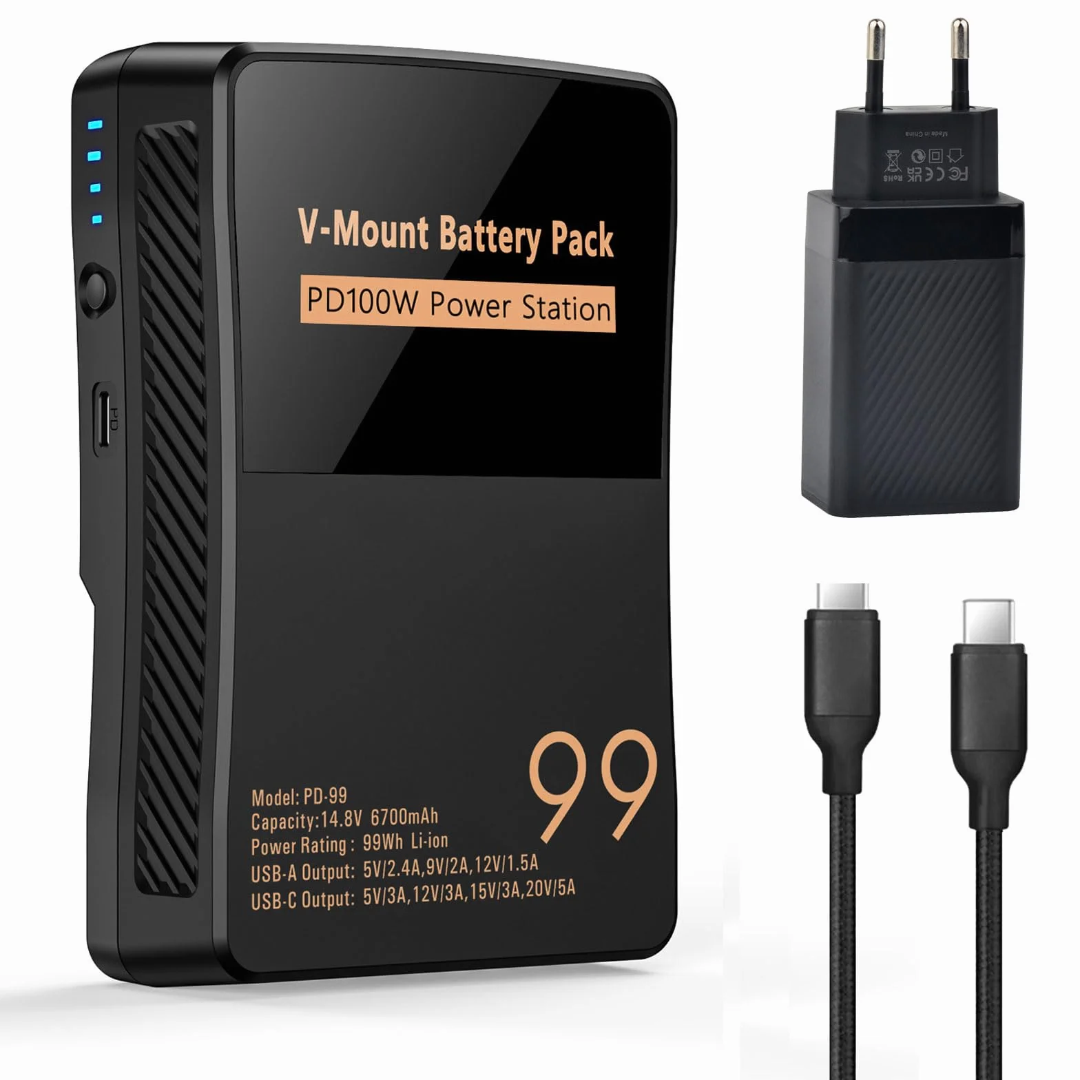 V Mount/V-Lock akumulator 99 Wh 6700 mAh Mini V-Mount akumulator z PD 100 W USB-C kabel do szybkiego ładowania i wtyczka PD 65 W do kamkordera, aparatu, monitora polowego, oświetlenia wideo