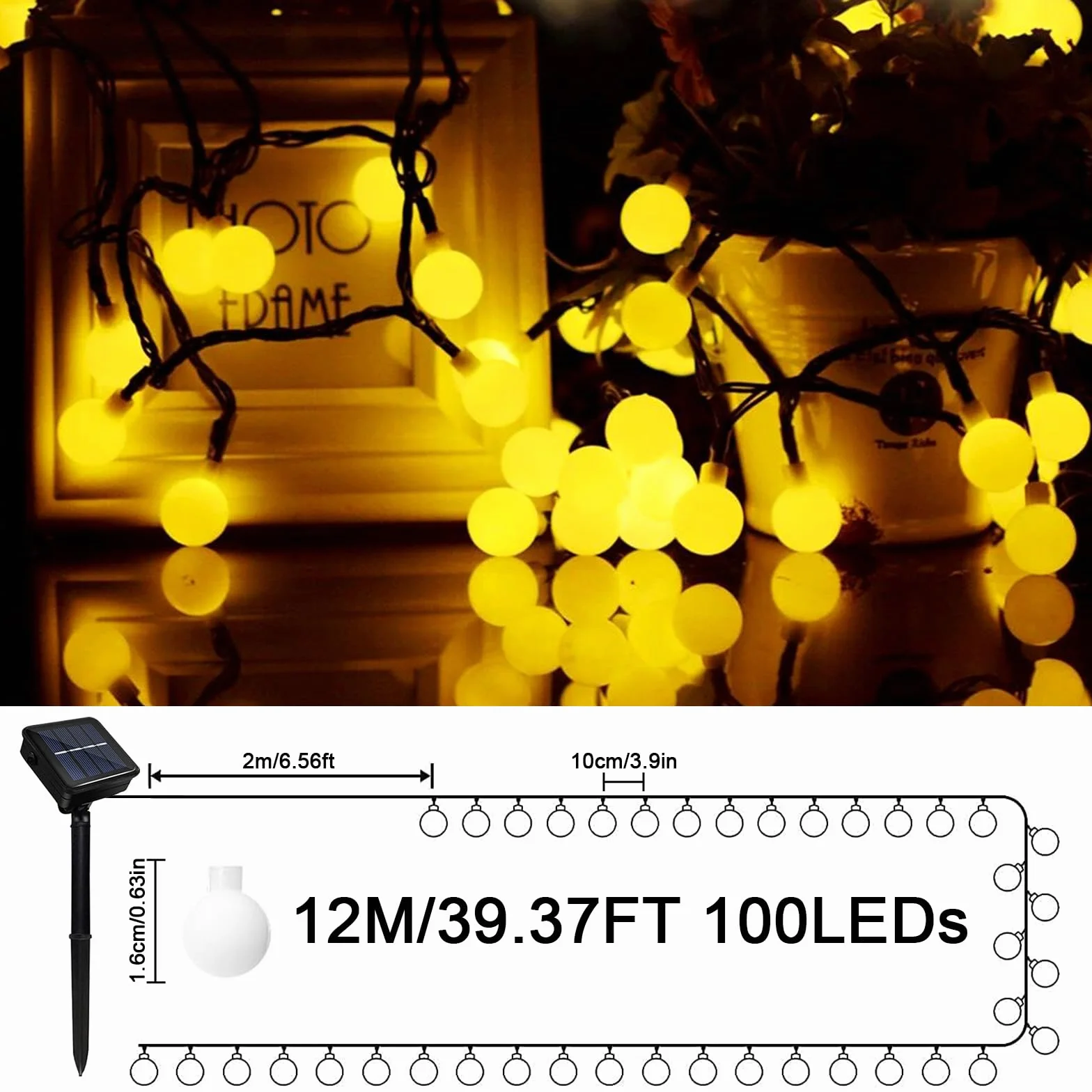Solarne łańcuchy świetlne LED - 12M 100 diod LED, 8 trybów, wodoodporne, zasilane energią słoneczną, lampki kuliste z pilotem zdalnego sterowania, do ogrodu, na patio, podwórko, imprez