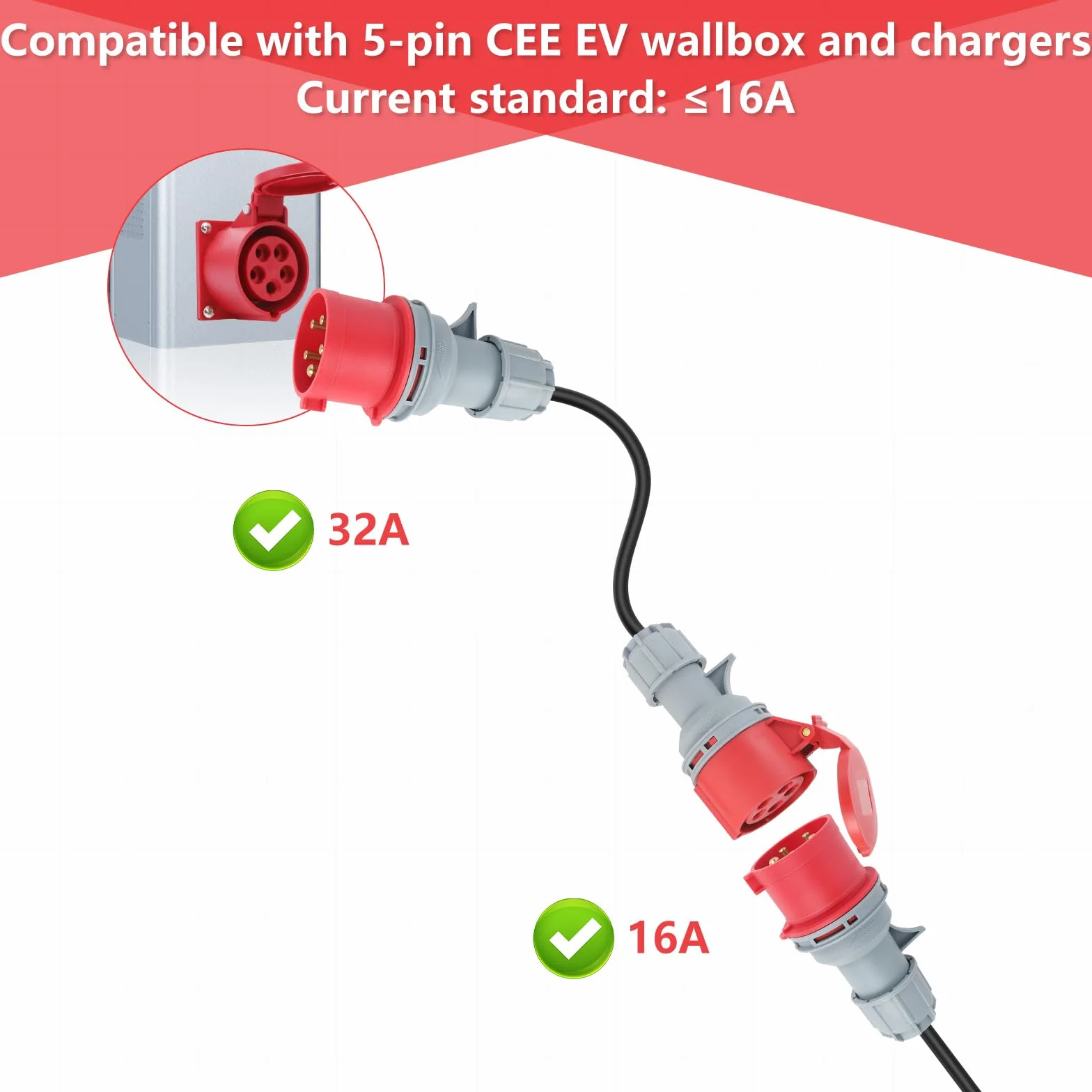 Adapter CEE, wtyczka 32 A (22 kW) na złącze 16 A (11 kW), 5-biegunowy, 400 V, długość 50 cm, stopień ochrony IP44, gumowy wąż