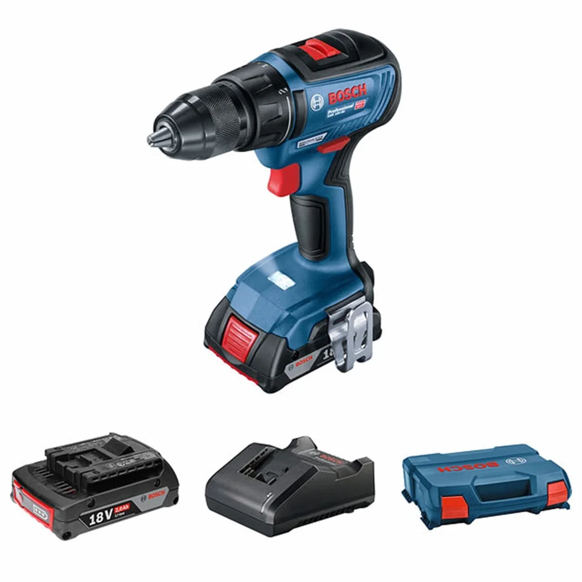 Bosch Professional system 18V: akumulatorowa wiertarko-wkrętarka GSR 18V-50 (2 akumulatory GBA 18V 2.0Ah, ładowarka GAL 18V-20, walizka L-Case)