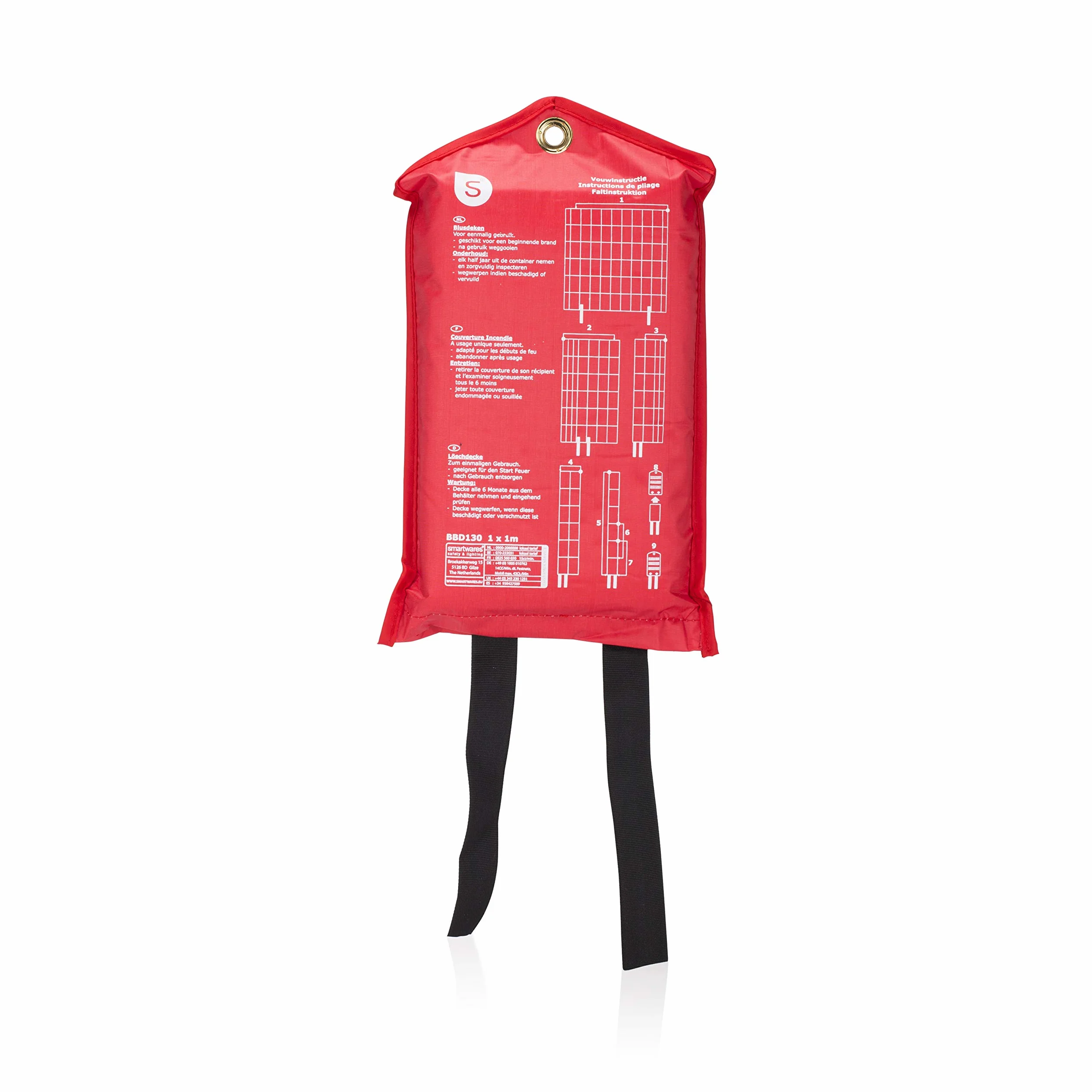 Smartwares Koc gaśniczy – 100 x 100 cm – ściereczka z włókna szklanego – do pierwszej pomocy – w zestawie torba ochronna z oczkiem do zawieszenia – zgodnie z EN1869:1997-10.014.60