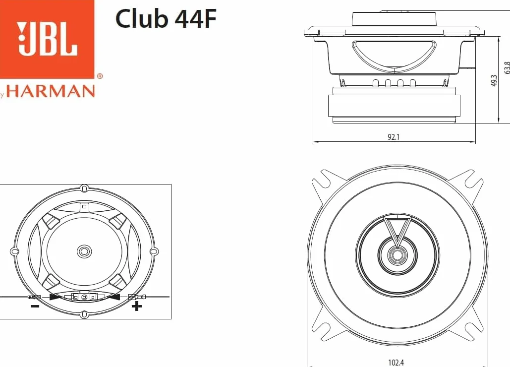 JBL Club 44F Gen 3 – 100 mm zestaw głośników samochodowych firmy Harman Kardon do doskonałych głośników samochodowych – 35 W RMS 105 W Max, wysoka czułość, intensywne basy i imponujące pasmo wysokiej