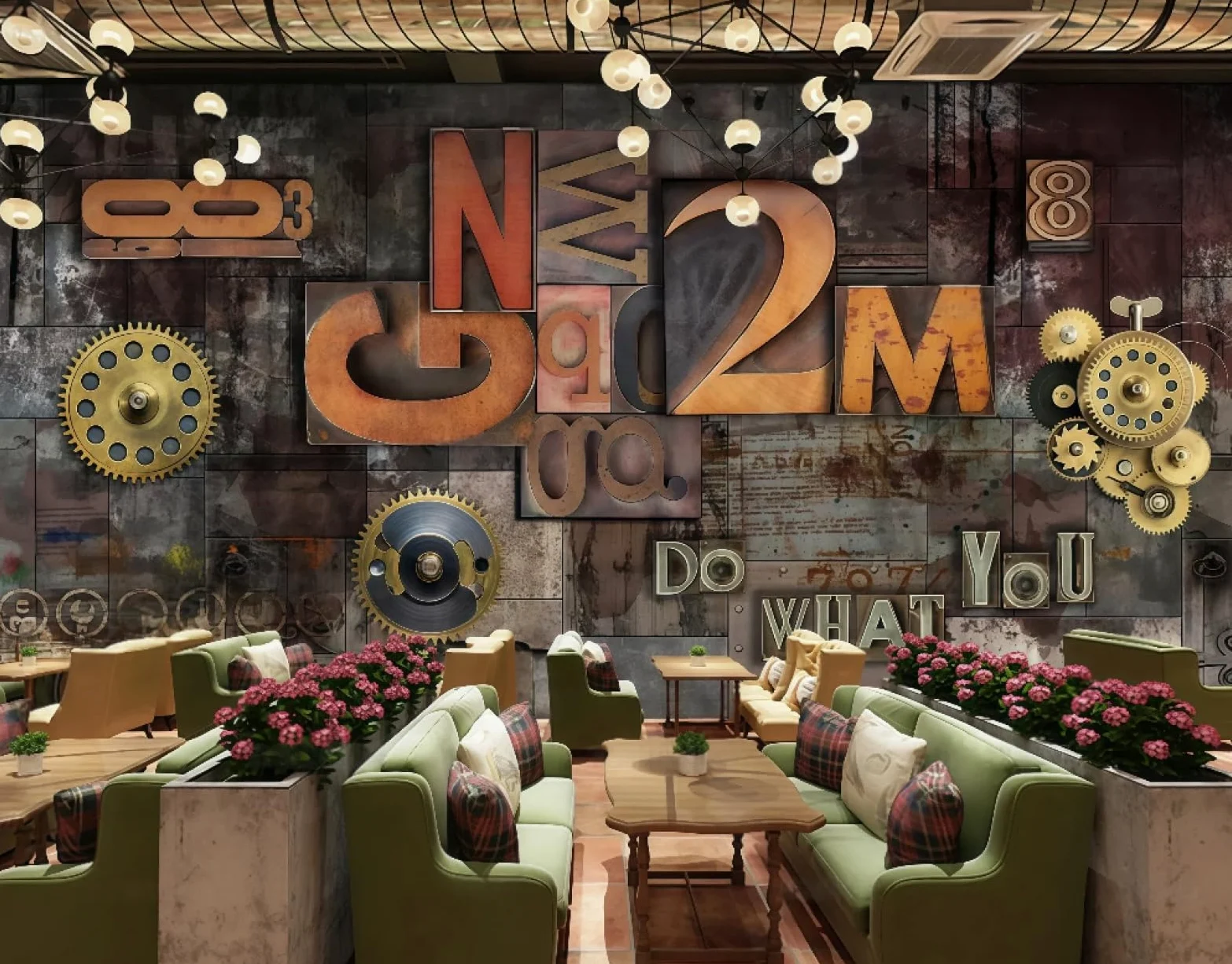 Tapeta retro żelazo mechaniczna przekładnia trójwymiarowa litera motyw bar zachodnia restauracja tło ścienne popołudniowa herbata kawa tapeta, 3D, 250x175cm