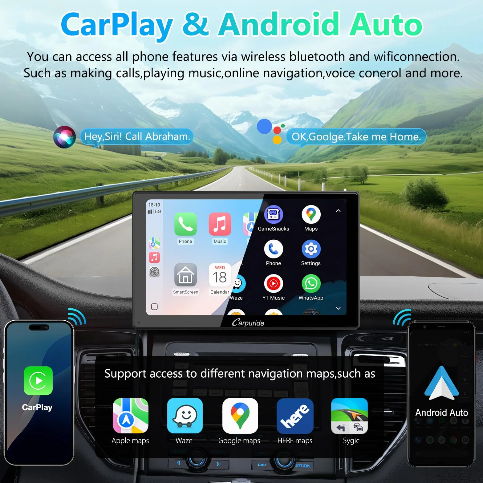 Przenośny samochodowy stereo, Carpuride V9 bezprzewodowe Carplay i Android Auto, 9-calowe radio z ekranem dotykowym 1080P HD z BT 5.0, łącze lustrzane, czujnik światła, uchwyt na deskę