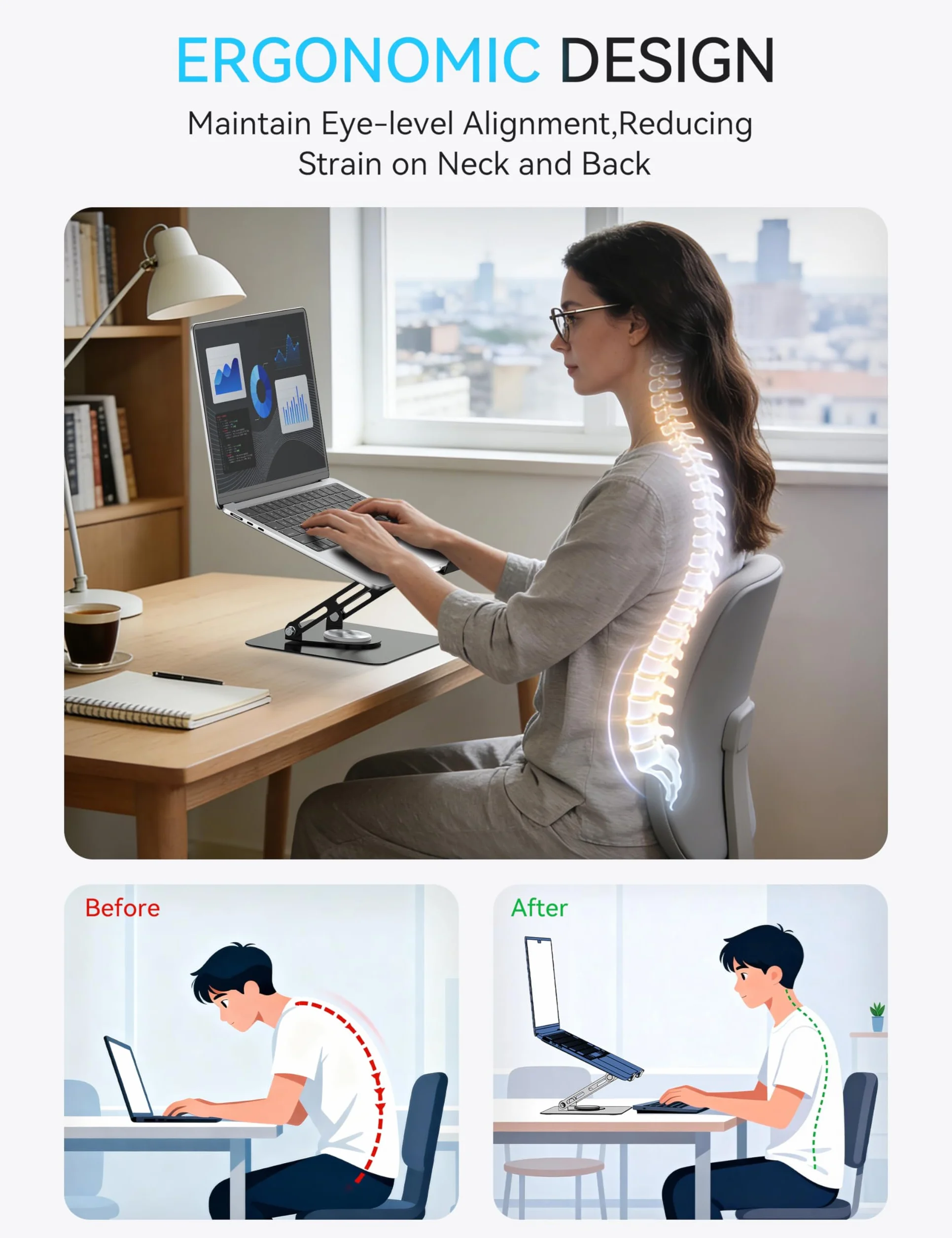 SOUNDANCE Stojak na laptopa z podstawą obrotową 360°, ergonomiczny podest komputerowy na biurko, regulowana, składany uchwyt na laptopa, stabilny uchwyt na notebooka 10-15,6 cala (czarny)