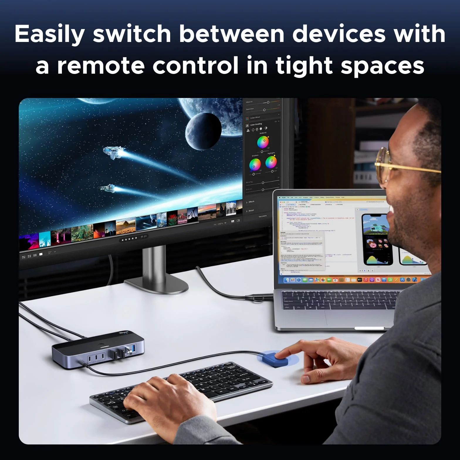 UGREEN Przełącznik USB 10Gbps USB-C 7 portów 3C4A z pilotem i kablem