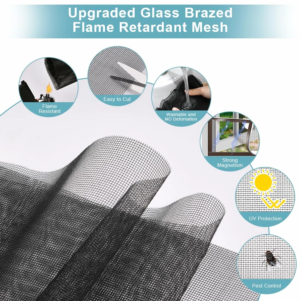 Flintronic Regulowana magnetyczna moskitiera do samodzielnego wykonania, 2 x 2,5 m, siatka z włókna szklanego, moskitiera do okna z pełną ramką paskiem magnetycznym, łatwa instalacja, zapobiega