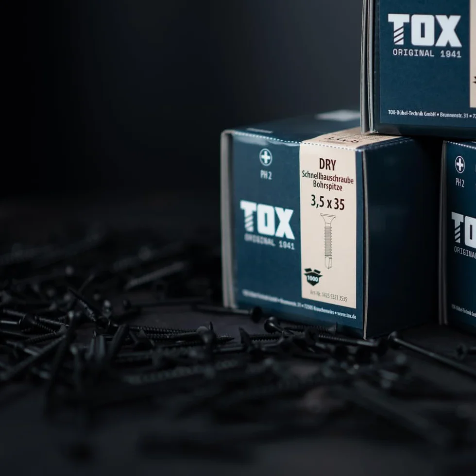 TOX Wkręty do szybkiego montażu DRY BS 3,5 x 35 mm, śruby czarne fosforanowane z gwintem drobnym + końcówka wiertnicza, płyta gipsowo-kartonowa na metalowej konstrukcji podstawy, PH2, 1000 sztuk, w
