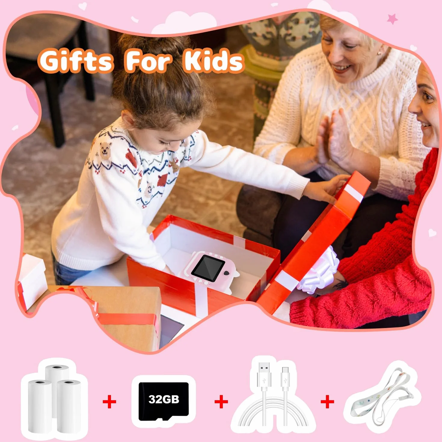 Aparat cyfrowy dla dzieci, 1080P 2.4" HD Aparat fotograficzny dla dzieci z kartą 32 GB i papierem do drukowania, natychmiastowa kamera wideo selfie dla dzieci w wieku 6 lat i starszych, prezent