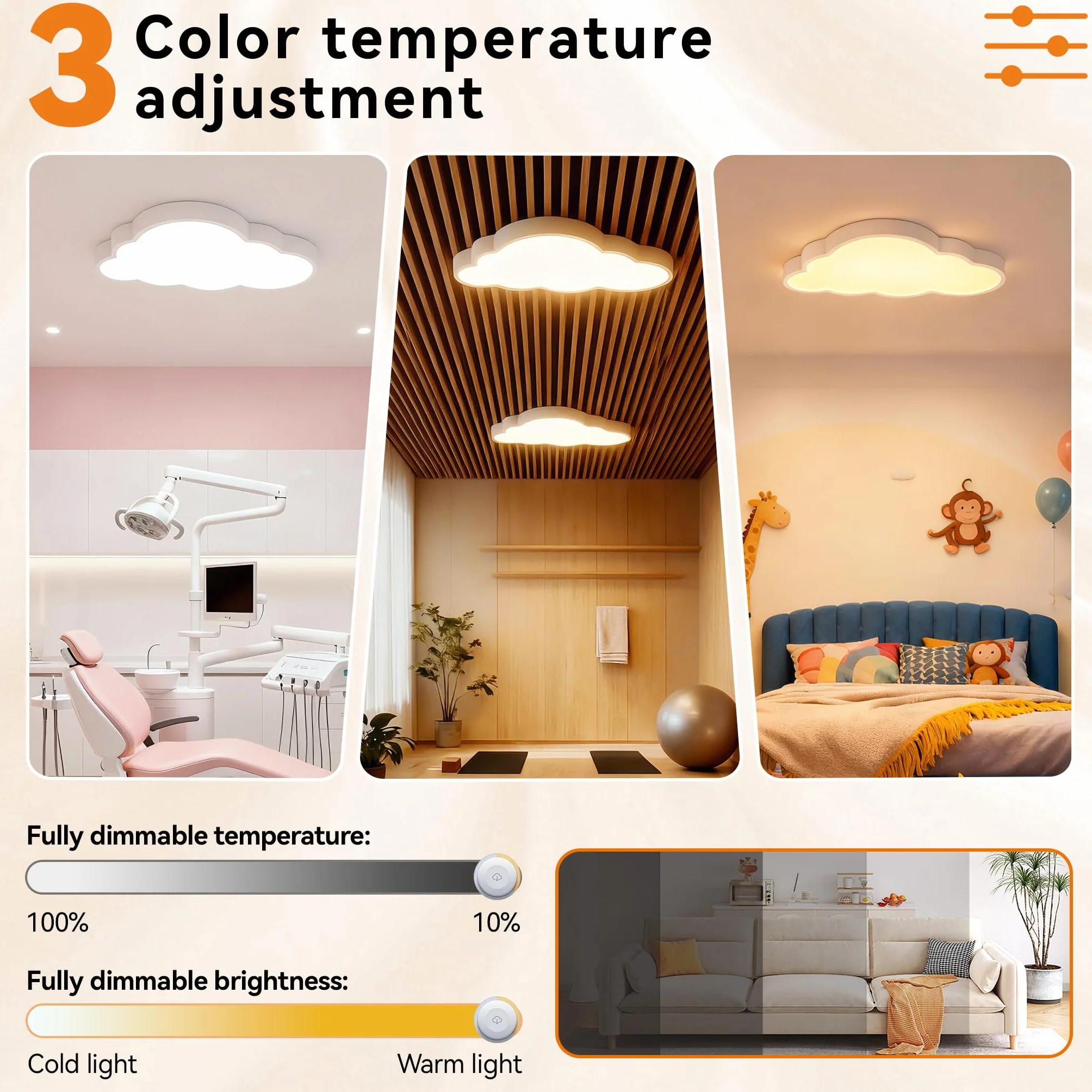LZQ Lampa sufitowa LED, 48 W, do pokoju dziecięcego, ściemniana, chmury, lampa sufitowa, lampa do salonu, sypialni, z pilotem