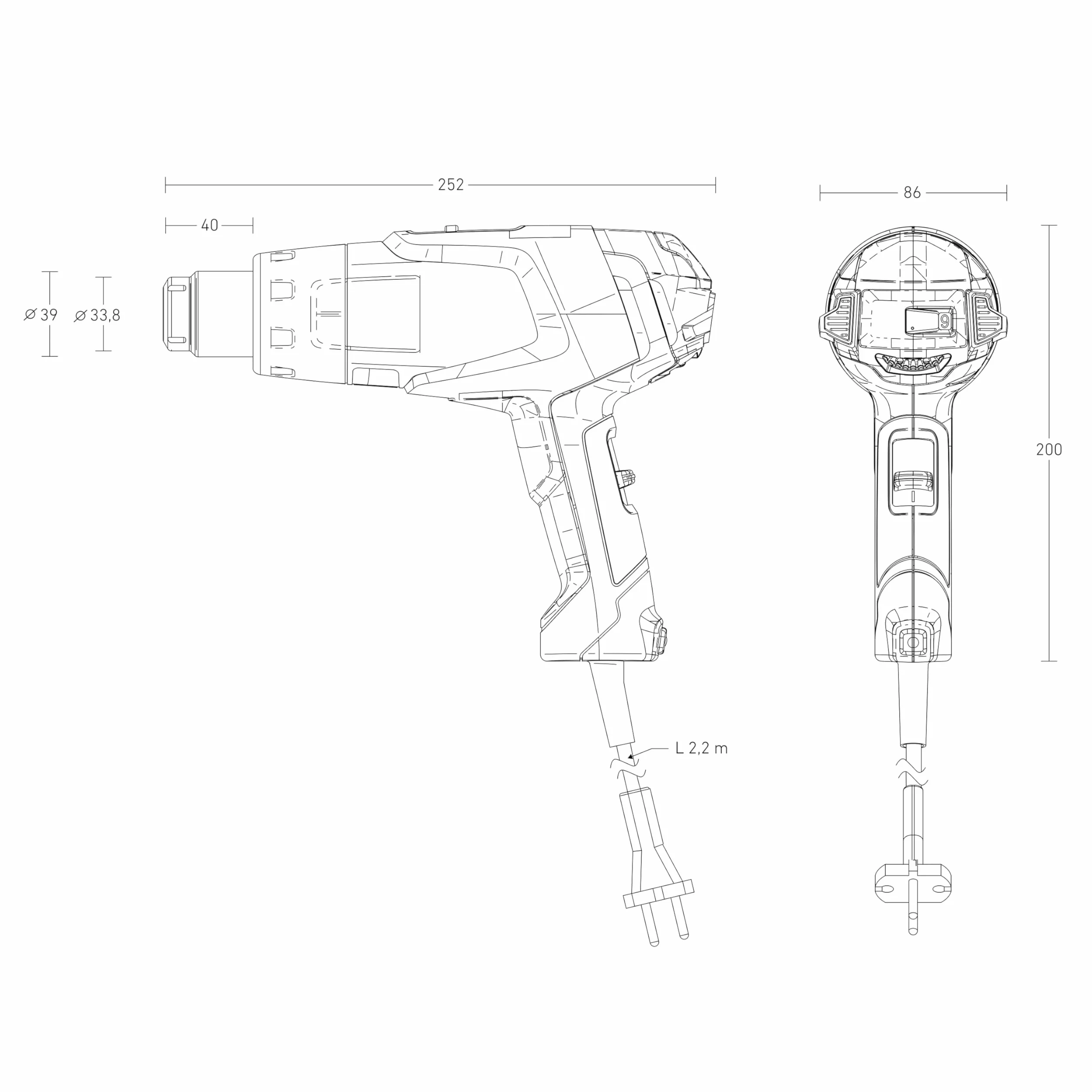 Steinel Pistolet grzewczy HM 2120 E, 2200 W, pistolet na gorące powietrze 80°-650°C, ochrona termiczna suszarki do włosów, ogrzewanie ceramiczne
