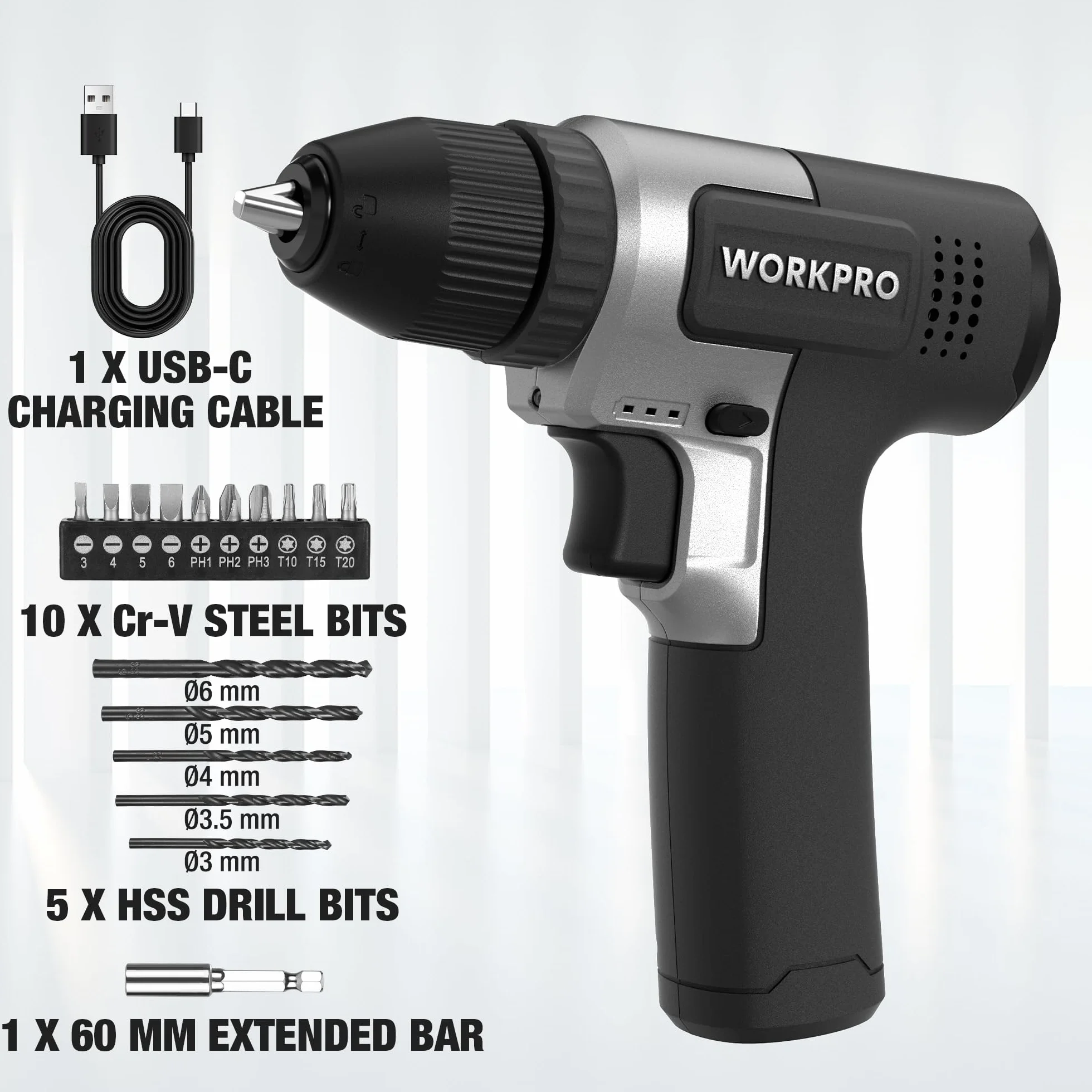 WORKPRO Zestaw wkrętarek akumulatorowych 8 V (czarny)
