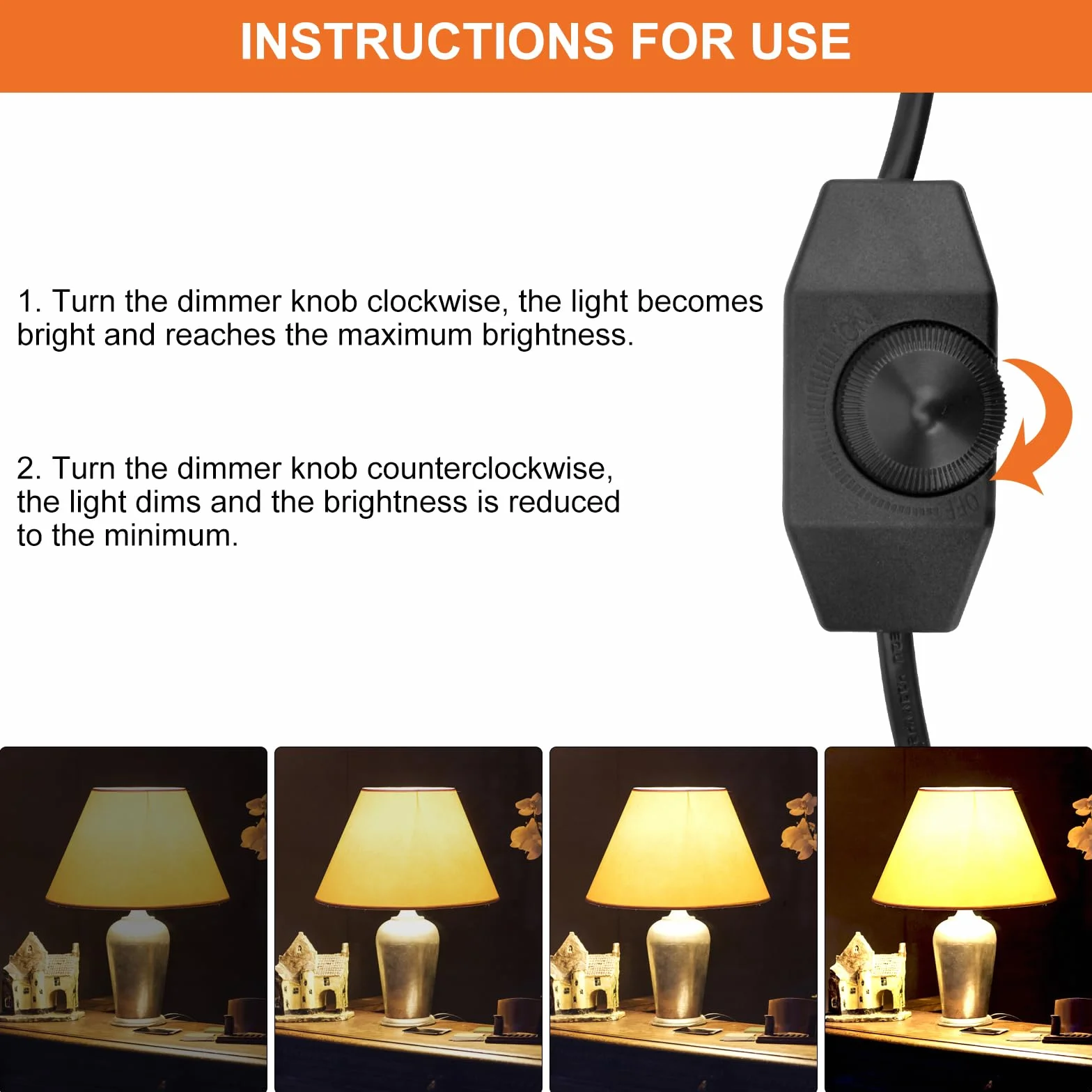 DAWRIS Ściemniacz LED z przełącznikiem, kabel 2 m, ściemniacz do lamp LED 220-250 V / maks. 100 W, wtyczka EURO, kabel przedłużający, ściemniacz obrotowy, bezgłośny przełącznik ściemniania do