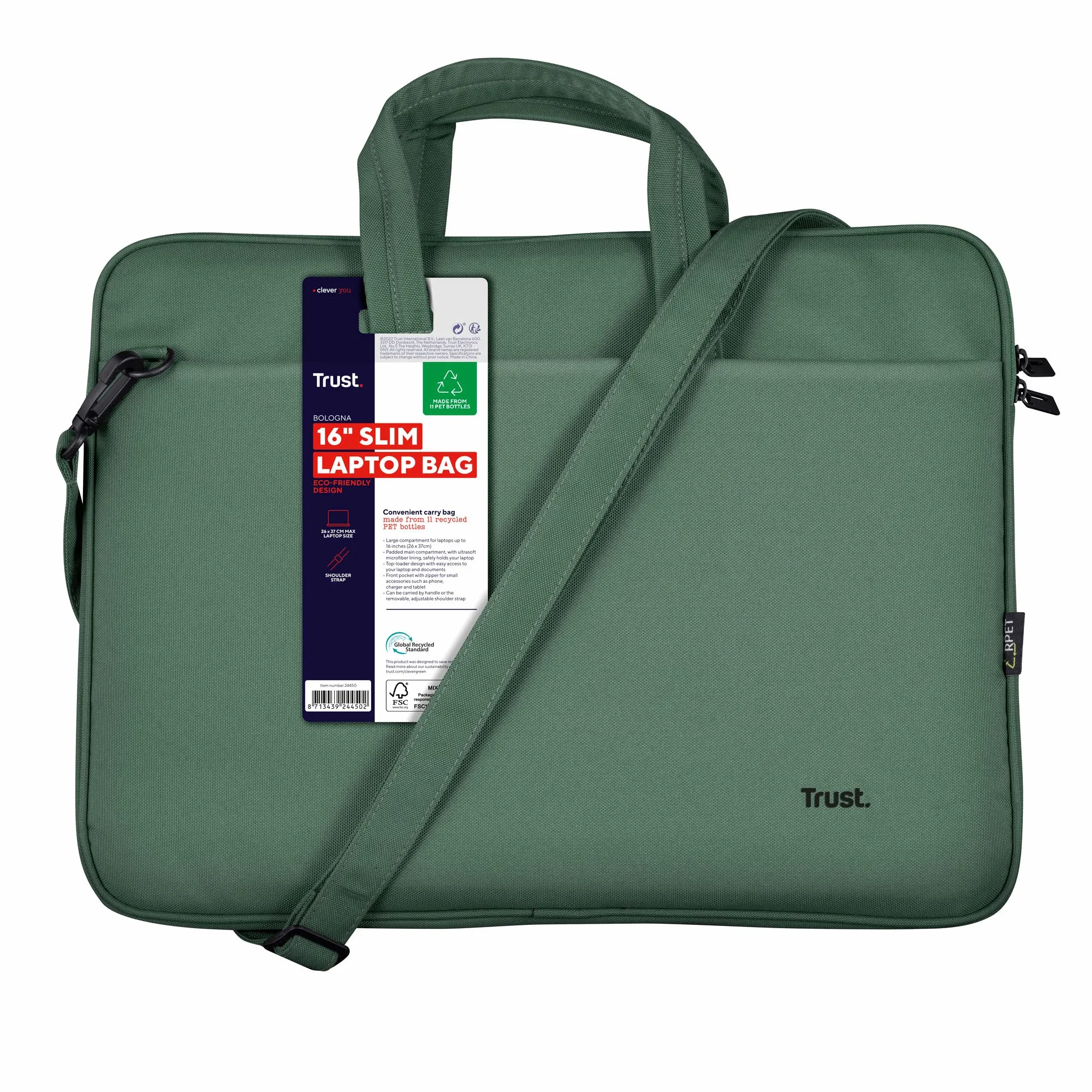 Trust Bologna Zrównoważona smukła torba na laptopa 40.0 cm z paskiem na ramię, ekologiczna torba, plastikowa torba na laptopa z recyklingu, torba robocza RPET, lekka torba do przenoszenia, na podróż,