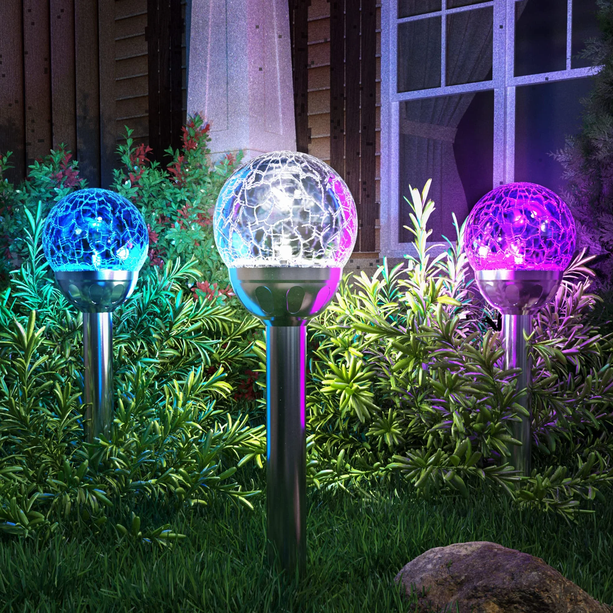 GIGALUMI Lampy solarne na zewnątrz, pęknięta szklana kula, podwójne lampy ogrodowe LED, oświetlenie krajobrazu/ścieżki na ścieżkę, patio, zmieniające kolor podwórka i białe, 3 szt