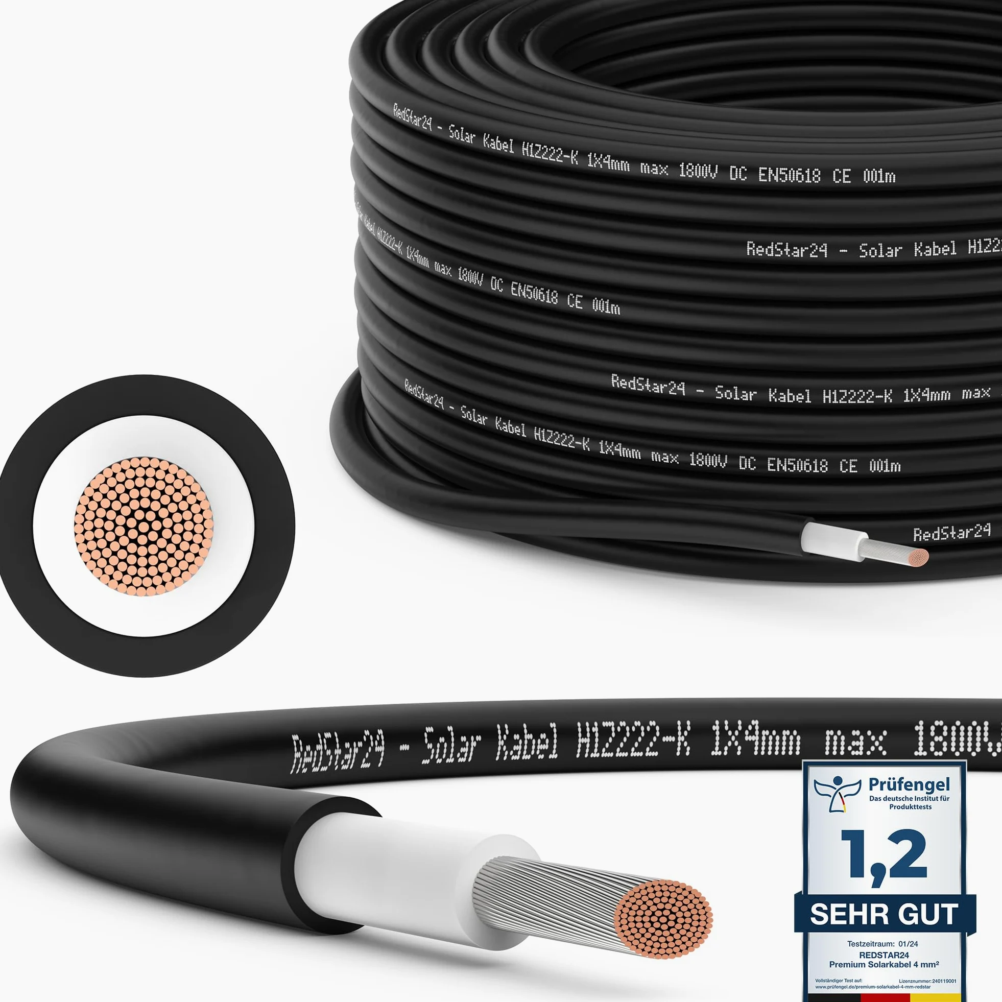 RedStar24 Kabel słoneczny Premium 4mm² czarny 50m - odporny na promieniowanie UV, elastyczny, fotowoltaiczny, PV, do paneli słonecznych, inwerterów i regulatorów ładowania