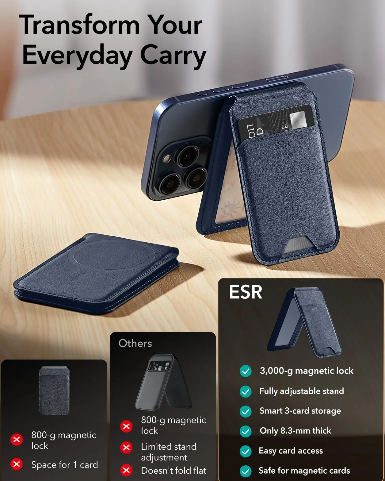 ESR Portfel magnetyczny, kompatybilny z portfelem MagSafe, portfel na iPhone'a z regulowanym stojakiem, do iPhone 17/16/15/14/13/12 Series, nie dla iPhone 13/12 mini, 3 przegródki na karty