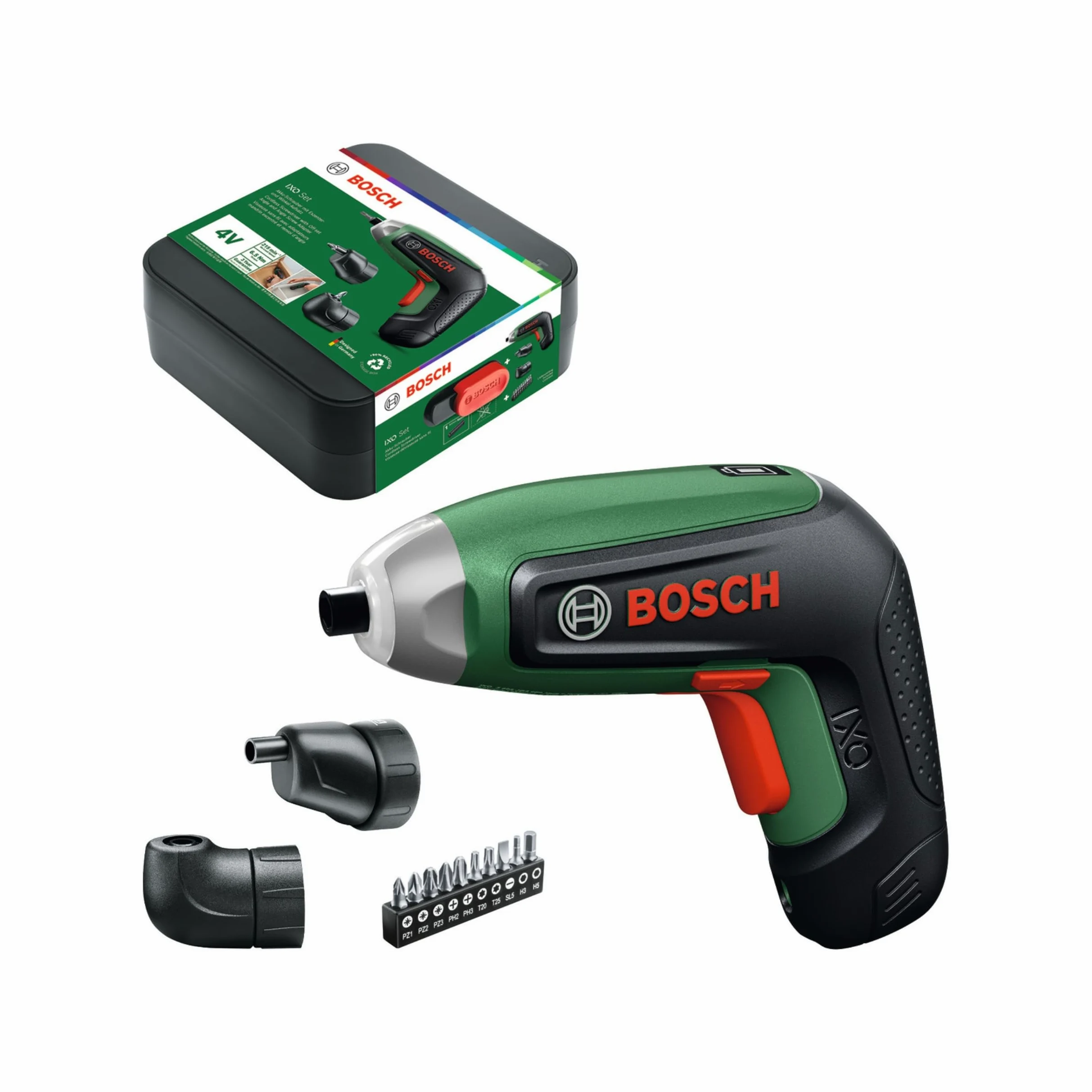 Bosch IXO 8 Wkrętarka akumulatorowa (z adapterem kątowym i mimośrodowym, 10-częściowym zestawem bitów i akumulatorem, w walizce)