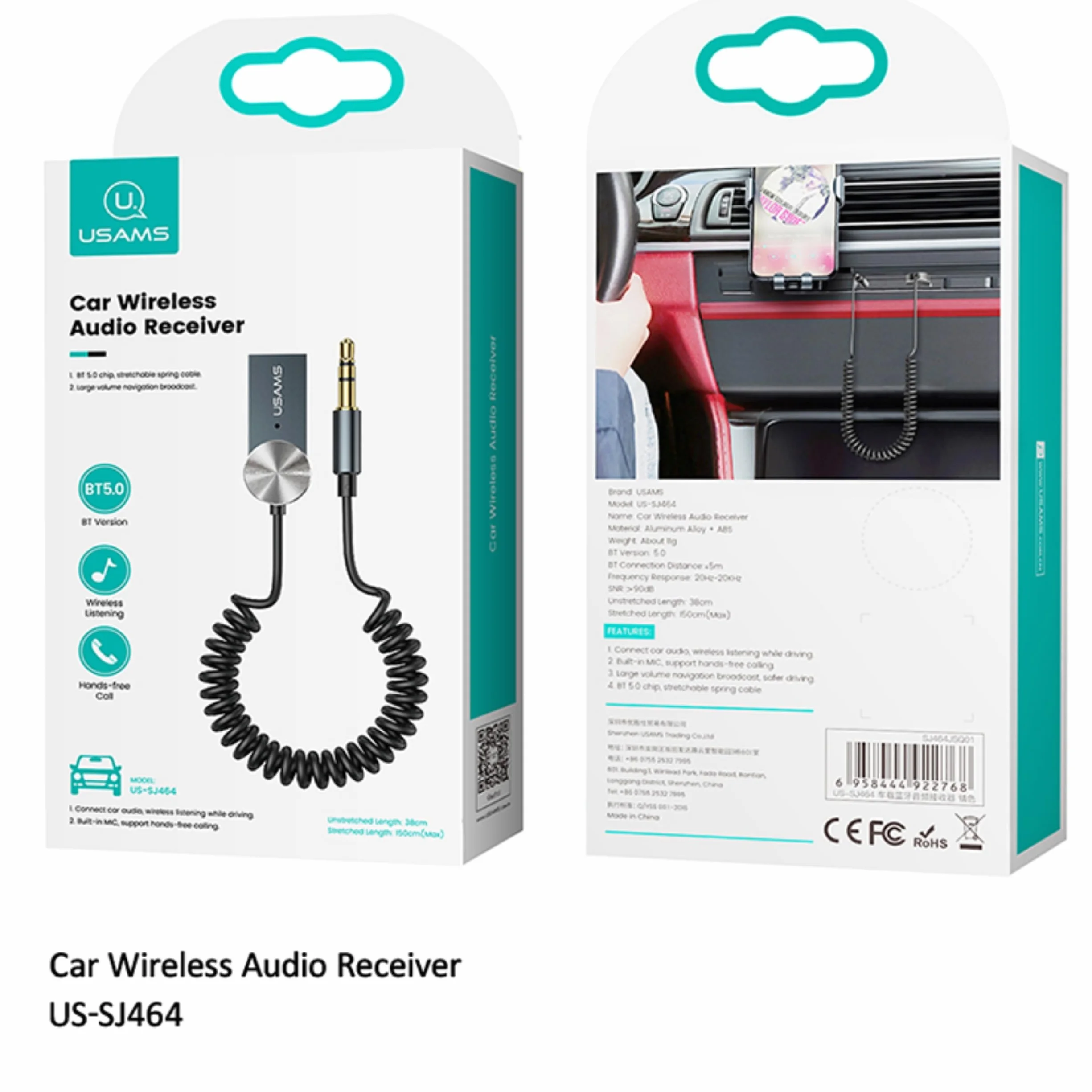 P4Y Bezprzewodowy Adapter Audio Samochodowy Bluetooth 5.0 Jack 3,5 mm AUX USB Wbudowany Mikrofon