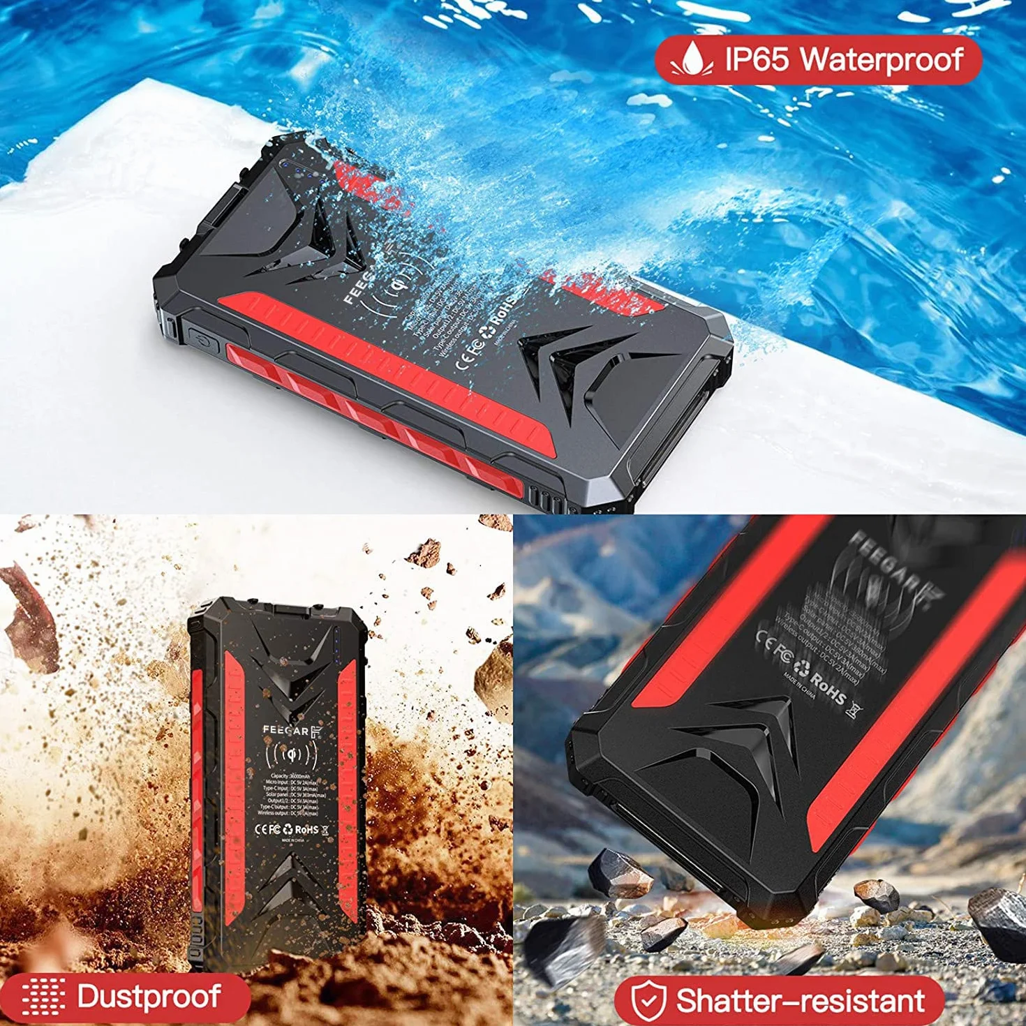 Feegar Solar Powerbank, 36000mah Wireless Power Bank, Ładowarka słoneczna PD20W szybkie ładowanie USB A/C 4 wyjścia i oświetlenie kempingowe, Kompatybilny z aparatem iPhone Smartphone iPad i nie tylko