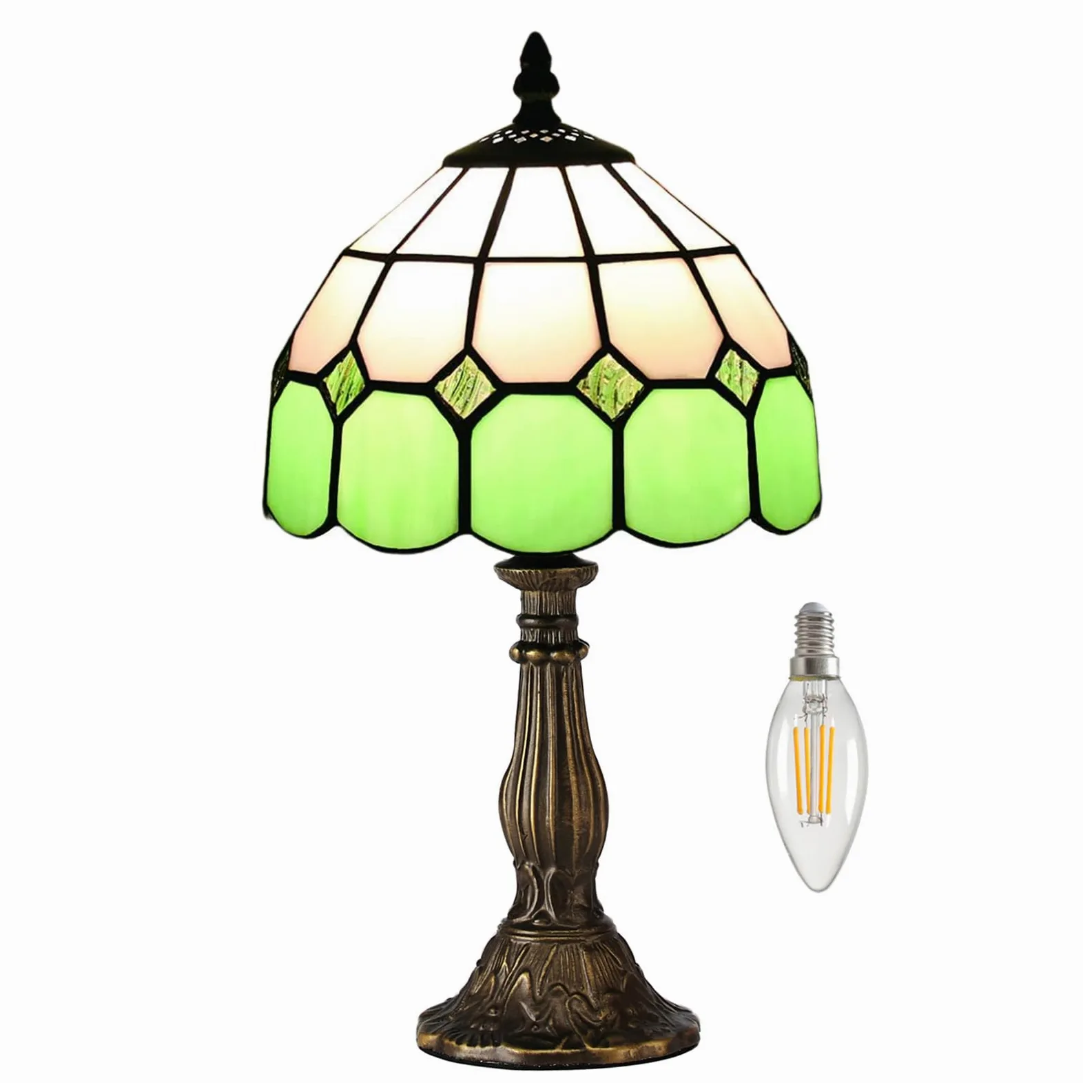 Mała lampa stołowa w stylu Tiffany, lampka nocna w stylu vintage, zielona, do sypialni, parapet, dekoracyjna lampa, secesyjna, kolorowy szklany klosz, 20 cm, z żarówką LED E14 2700 K