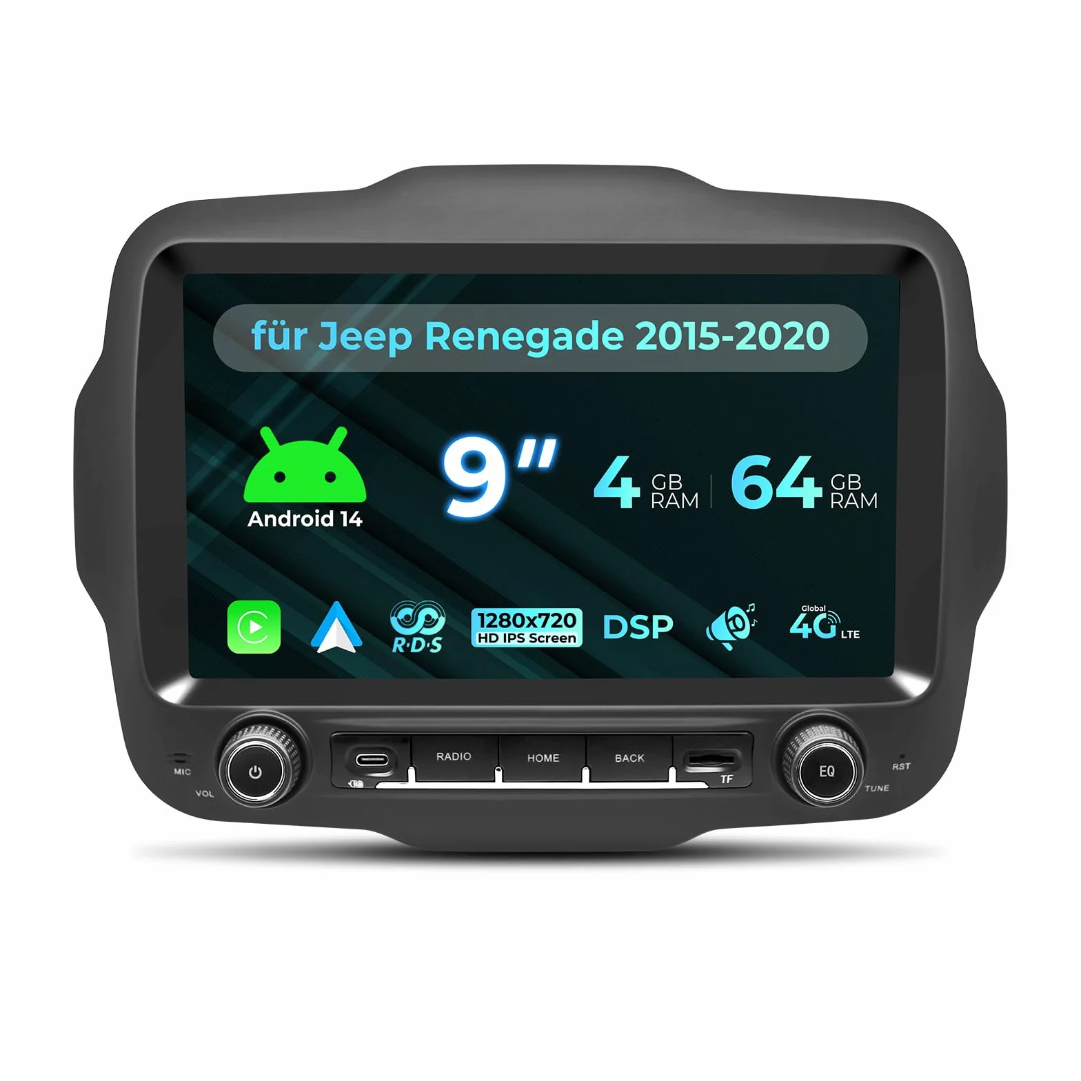 Radio samochodowe do Jeep Renegade 2015-2020 z 9-calowym ekranem dotykowym Android 14, obsługa bezprzewodowego CarPlay Android Auto, nawigacja GPS Bluetooth 5.0 WiFi 4G FM RDS DSP SWC DAB (4 +