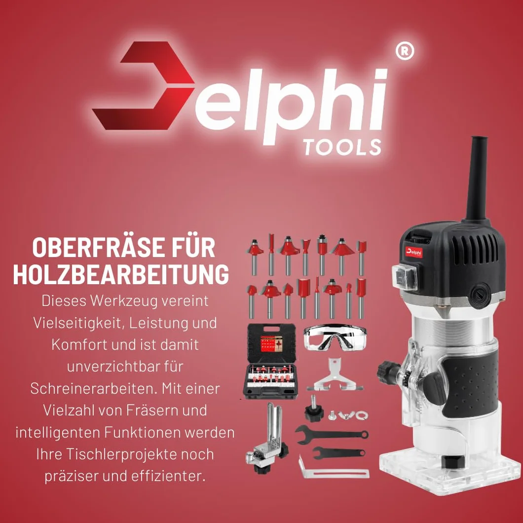 DELPHI Frezarka elektryczna ręczna do drewna z walizką – zestaw 12 akcesoriów 800 W 330000 obr./min 6,35 mm