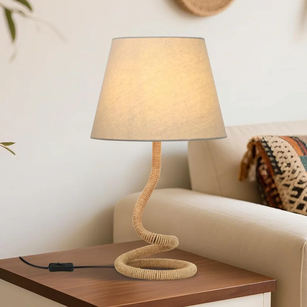 Lampa stołowa z liny konopnej, kreatywna, spersonalizowana lampka nocna, lampa na biurko z kloszem z materiału, nowoczesna dekoracja boho, przełącznik z przewodem, żelazna podstawa, głowica E27