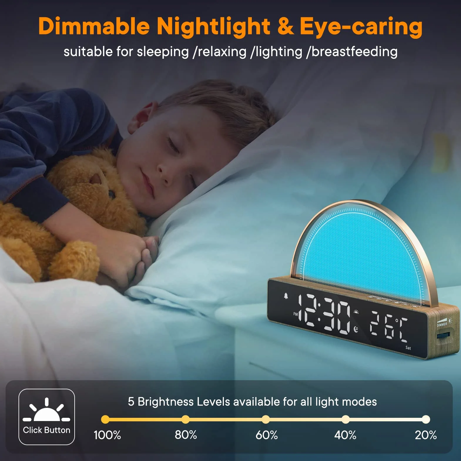 Budzik ze światłem, budzik świetlny, White Noise Machine, lampka nocna, dotykowa, ściemniana, lampa stołowa z 10 trybami do spania, funkcja drzemki, timer/wskaźnik temperatury, stacja ładująca USB,