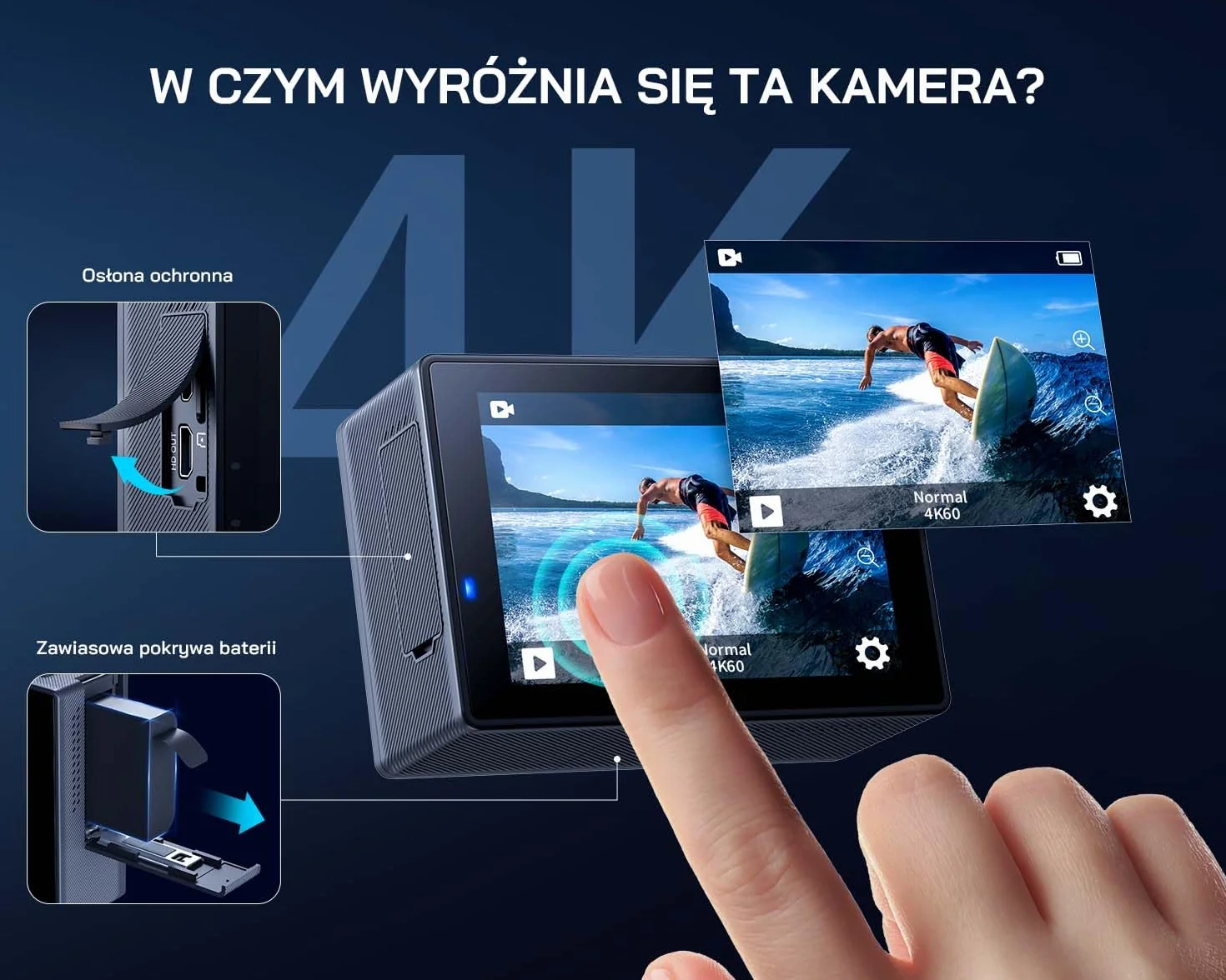Kamera akcji WOLFANG 4K 60FPS, kamera podwodna GA300 20MP WiFi, wodoodporna kamera na kask 40M z ekranem dotykowym Zoom 8X 6-AXIS EIS (mikrofon zewnętrzny, pilot baterie 2x1350mAh i zestaw akcesoriów)