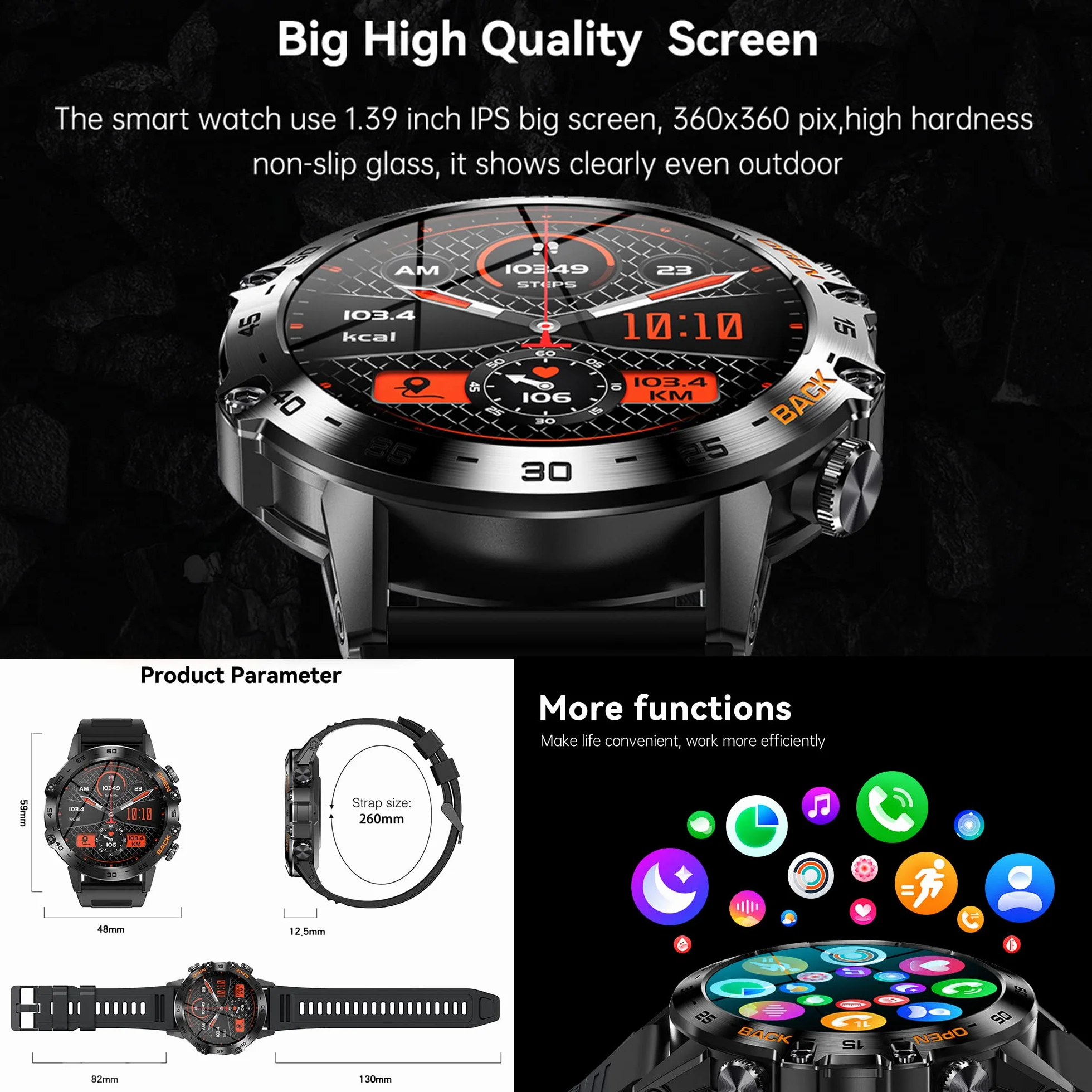 Smartwatch Męski z Bluetooth 1,39 Cala 123 Tryby Sportowe IP68 dla Android iOS (czarny)