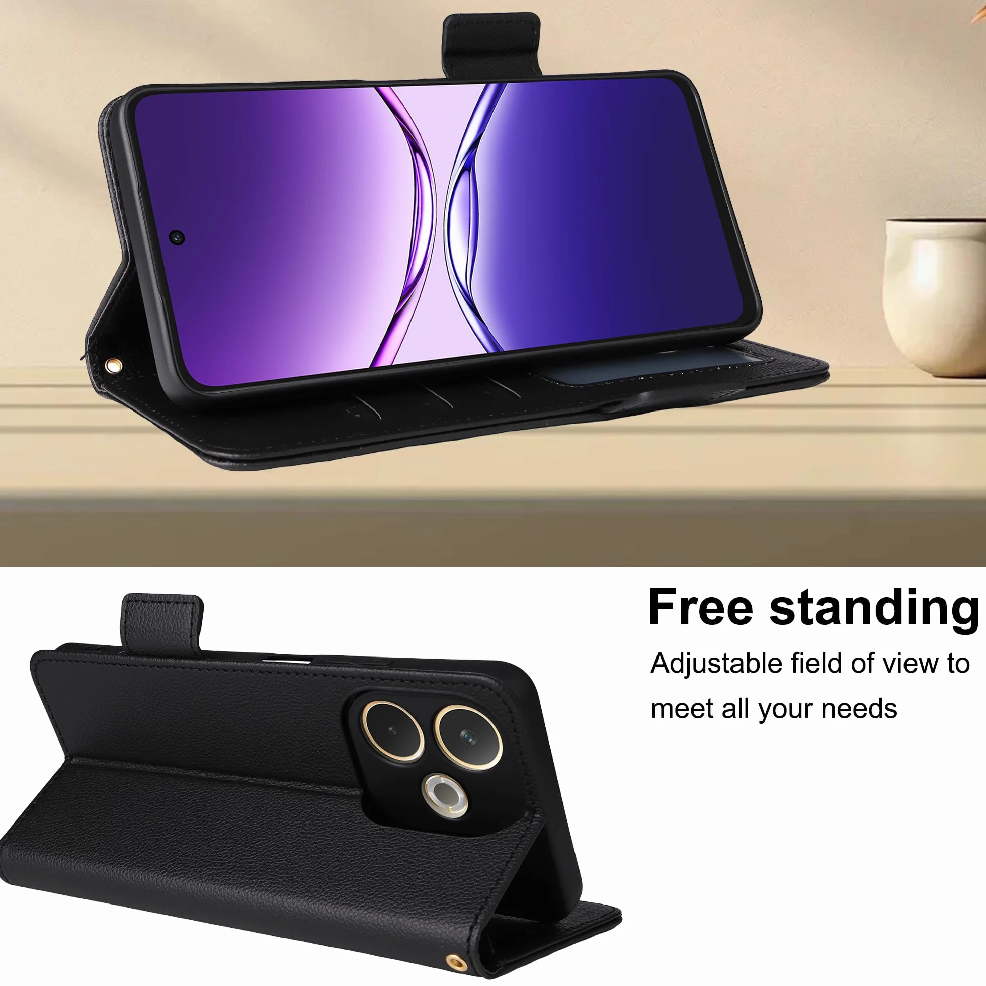 Etui Oppo A5 Pro 4G/5G z klapką, skóra poliuretanowa, szkło premium, stojak, magnes