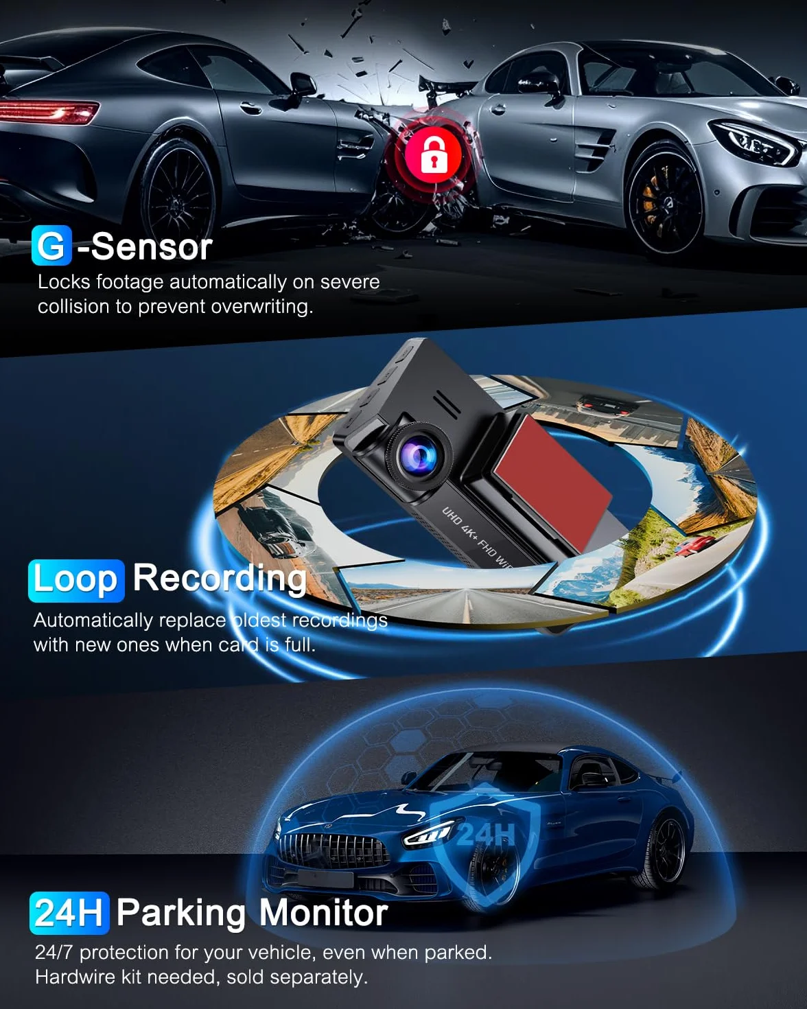 kamera samochodowa przód tył 4K+1080P z filtrem CPL,Kamera samochodowa obracana o 360°,karta SD 64 G,5GHz WiFi Dash Cam, ekran 3,69",170°+140°,czujnik G,nagrywanie w pętli,monitorowanie parkowania