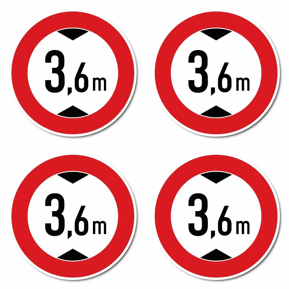 Naklejki: 100 mm, 4 sztuki – maksymalna wysokość przejazdu/zakaz dla pojazdów zbyt wysokich – 3,6 m – metr – znak kodeksu drogowego Z-265
